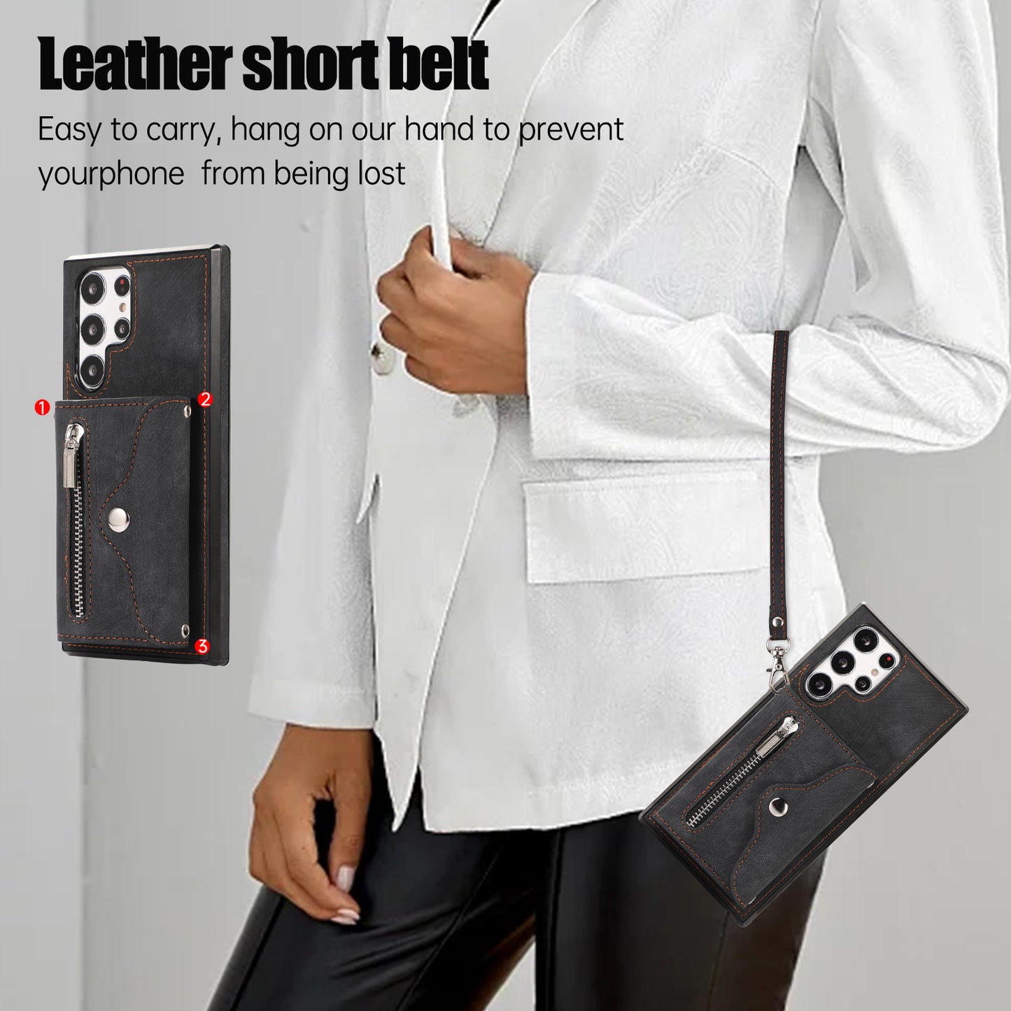For Samsung Galaxy S24 Ultra Cell Phone Case PU Leather+TPU Card Bag Cover with 2 Straps - Black
