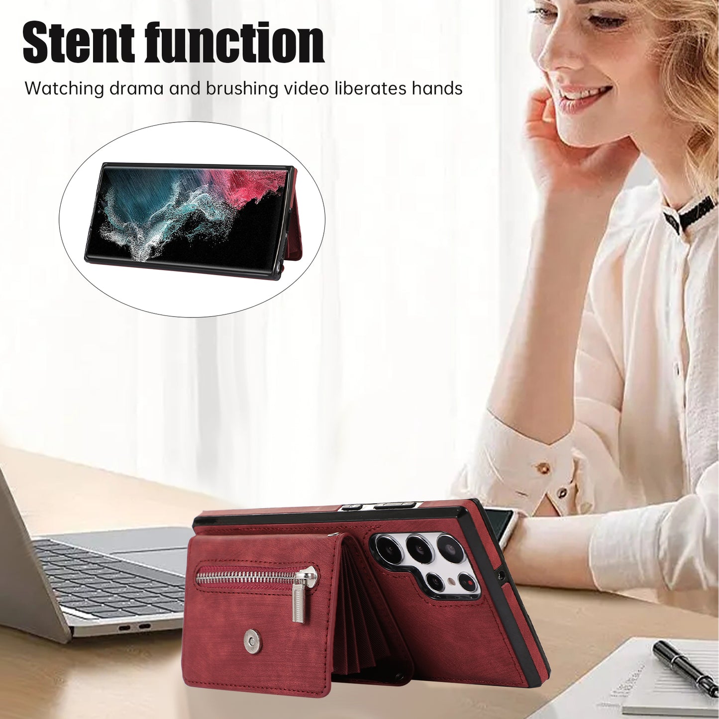 For Samsung Galaxy S24 Ultra Cell Phone Case PU Leather+TPU Card Bag Cover with 2 Straps - Red