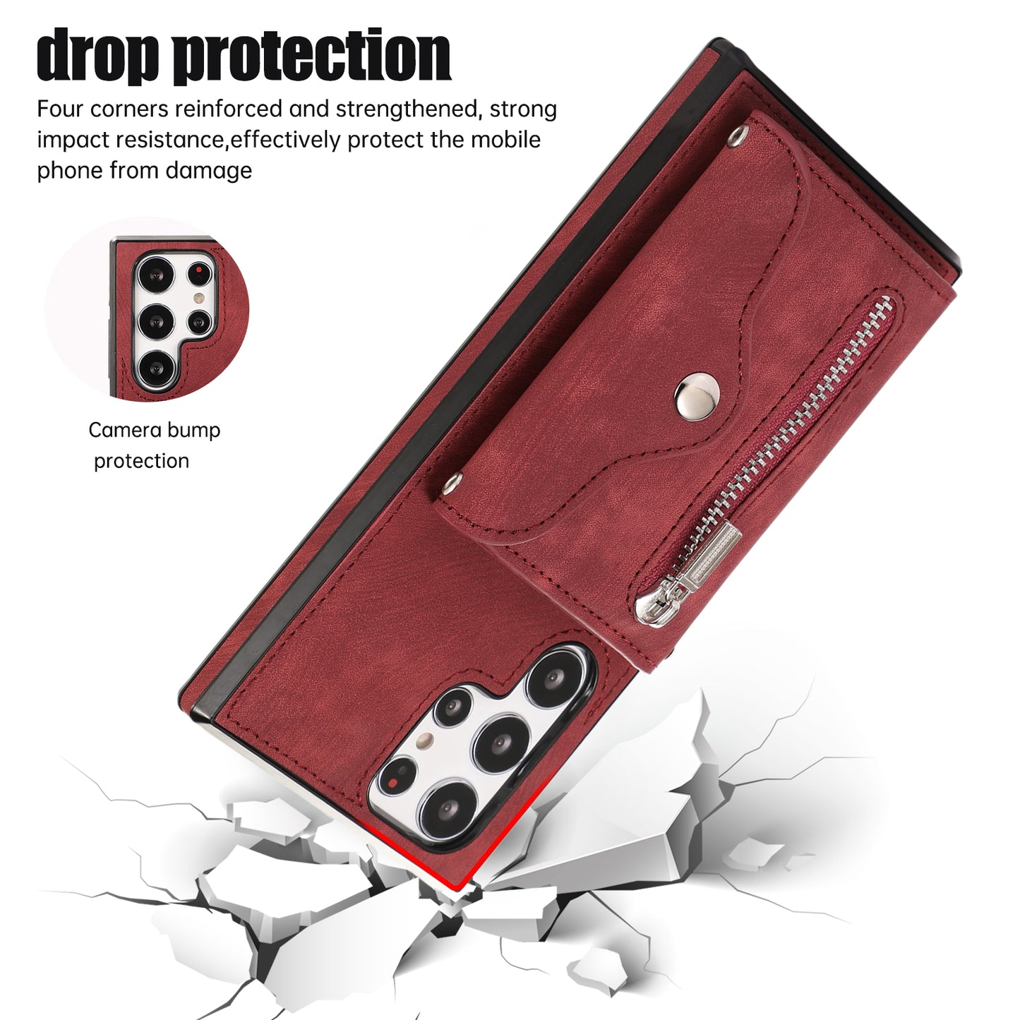 For Samsung Galaxy S24 Ultra Cell Phone Case PU Leather+TPU Card Bag Cover with 2 Straps - Red