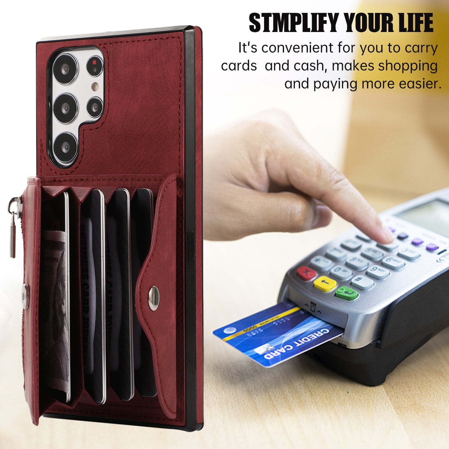 For Samsung Galaxy S24 Ultra Cell Phone Case PU Leather+TPU Card Bag Cover with 2 Straps - Red