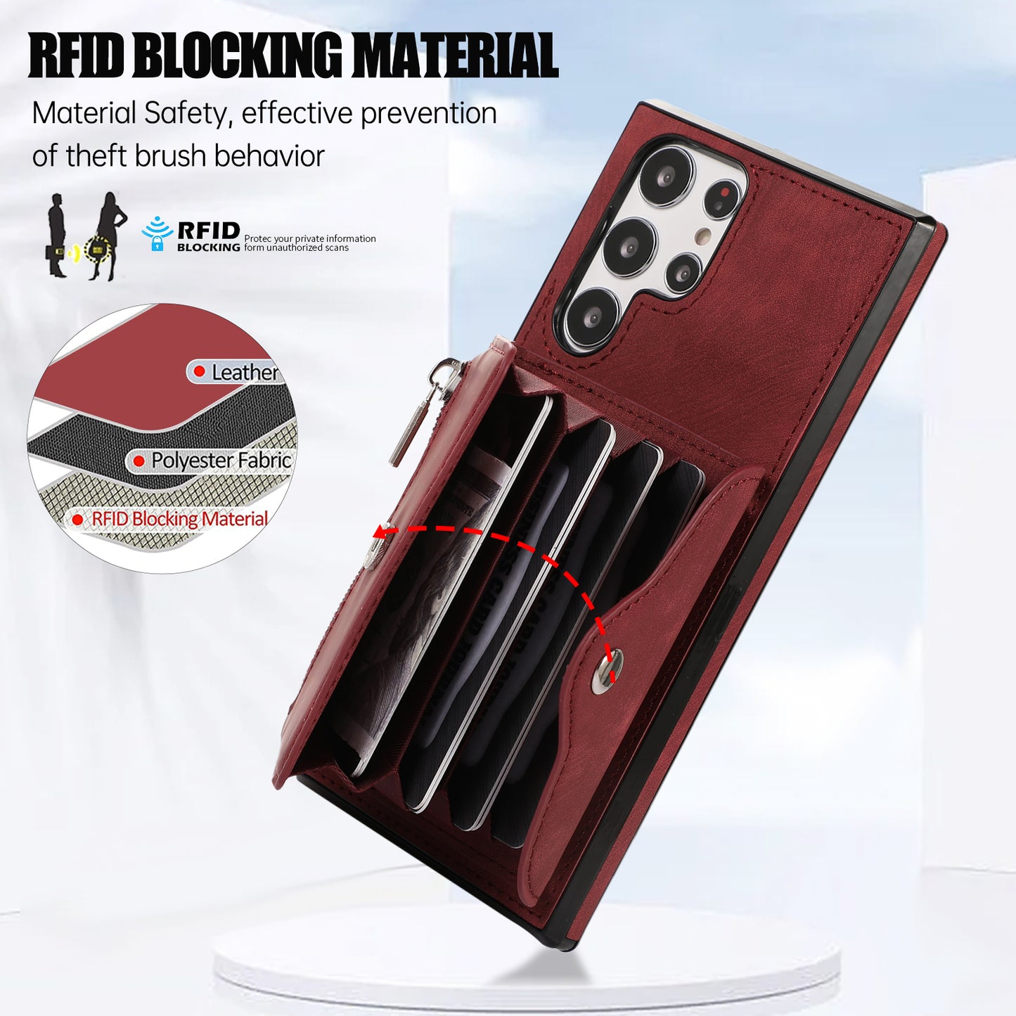 For Samsung Galaxy S24 Ultra Cell Phone Case PU Leather+TPU Card Bag Cover with 2 Straps - Red