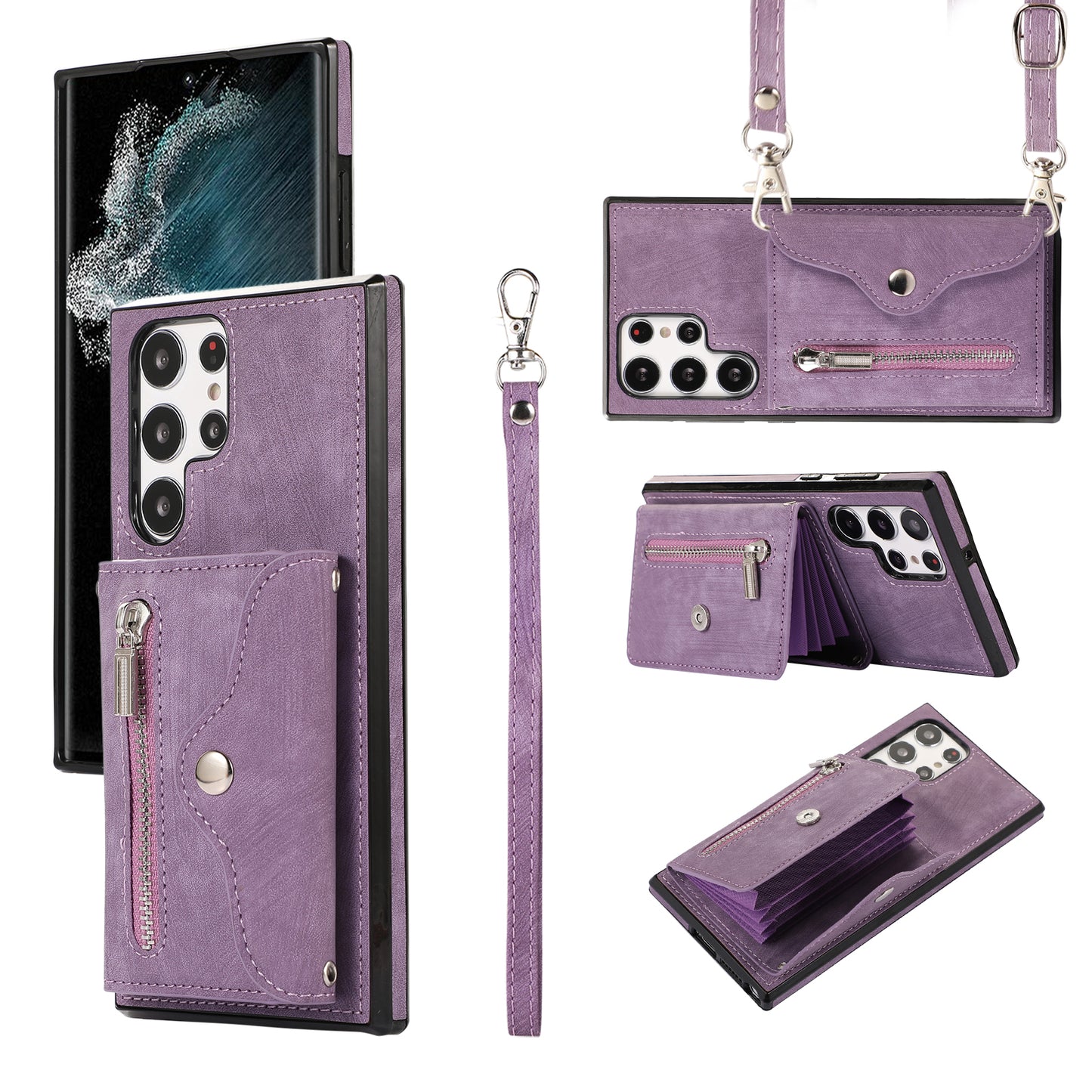 For Samsung Galaxy S24 Ultra Cell Phone Case PU Leather+TPU Card Bag Cover with 2 Straps - Purple