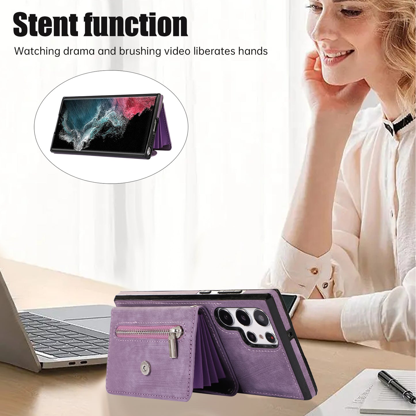For Samsung Galaxy S24 Ultra Cell Phone Case PU Leather+TPU Card Bag Cover with 2 Straps - Purple