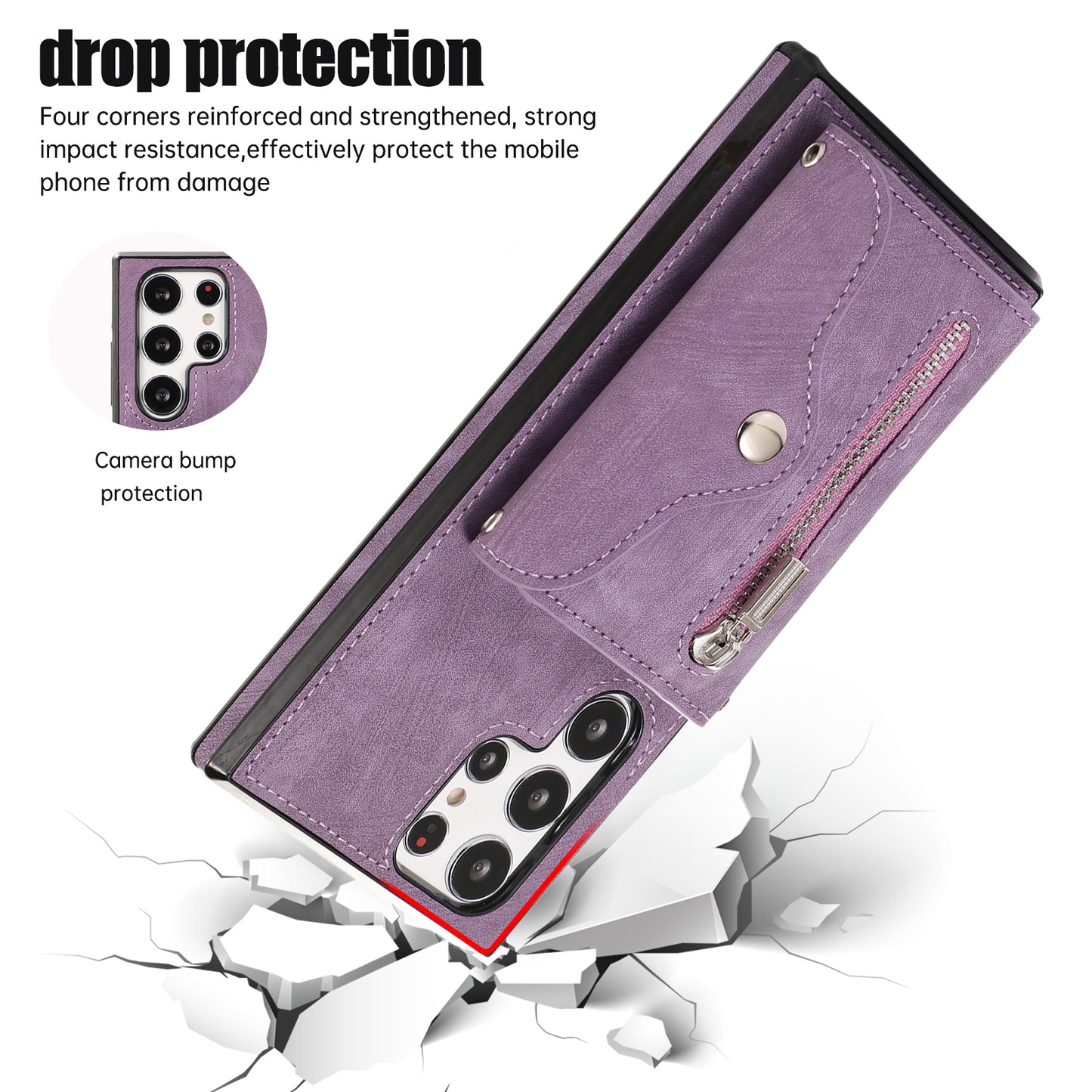For Samsung Galaxy S24 Ultra Cell Phone Case PU Leather+TPU Card Bag Cover with 2 Straps - Purple