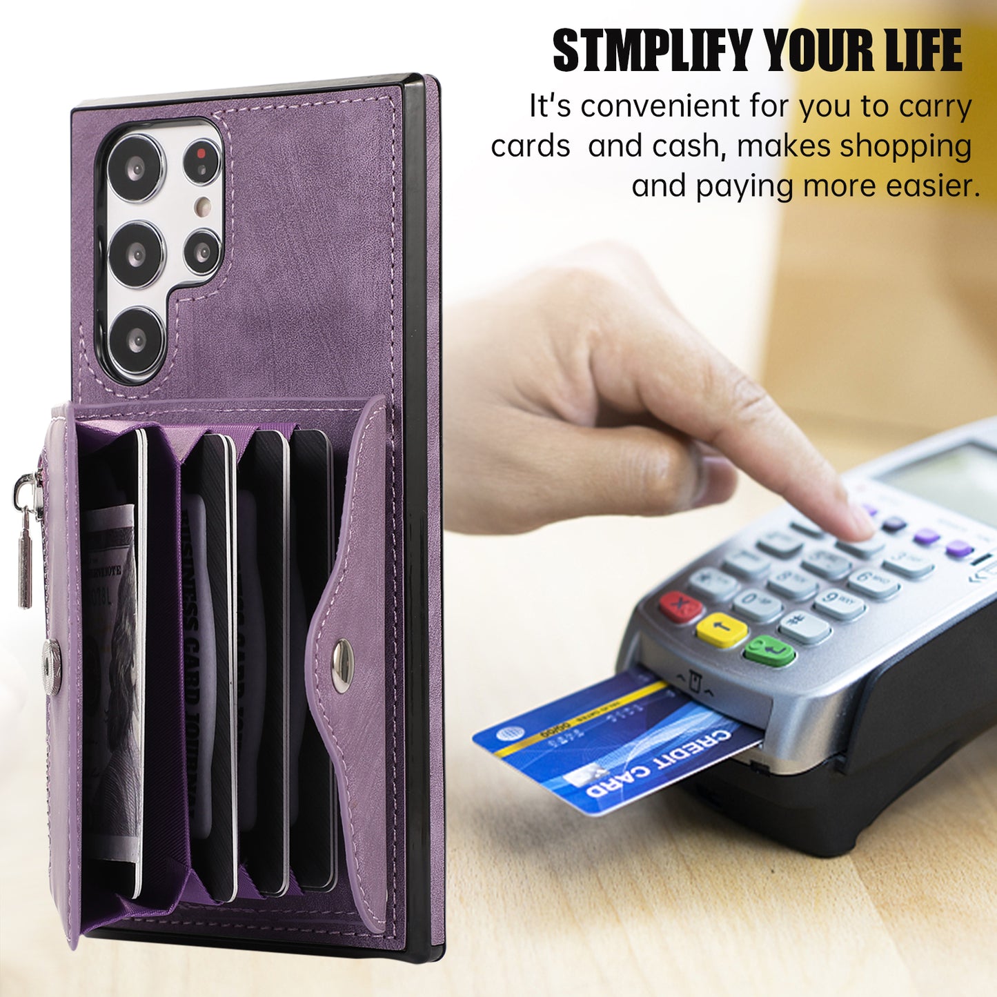 For Samsung Galaxy S24 Ultra Cell Phone Case PU Leather+TPU Card Bag Cover with 2 Straps - Purple