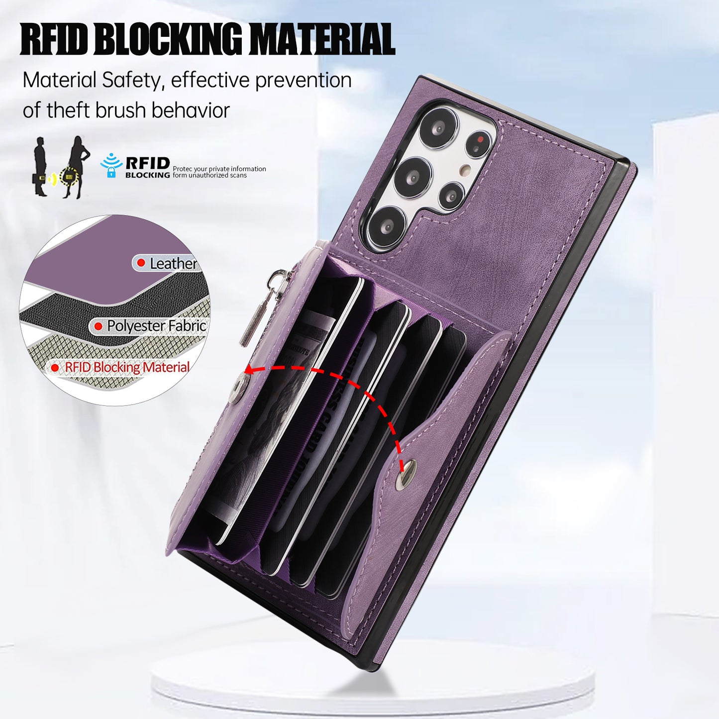 For Samsung Galaxy S24 Ultra Cell Phone Case PU Leather+TPU Card Bag Cover with 2 Straps - Purple