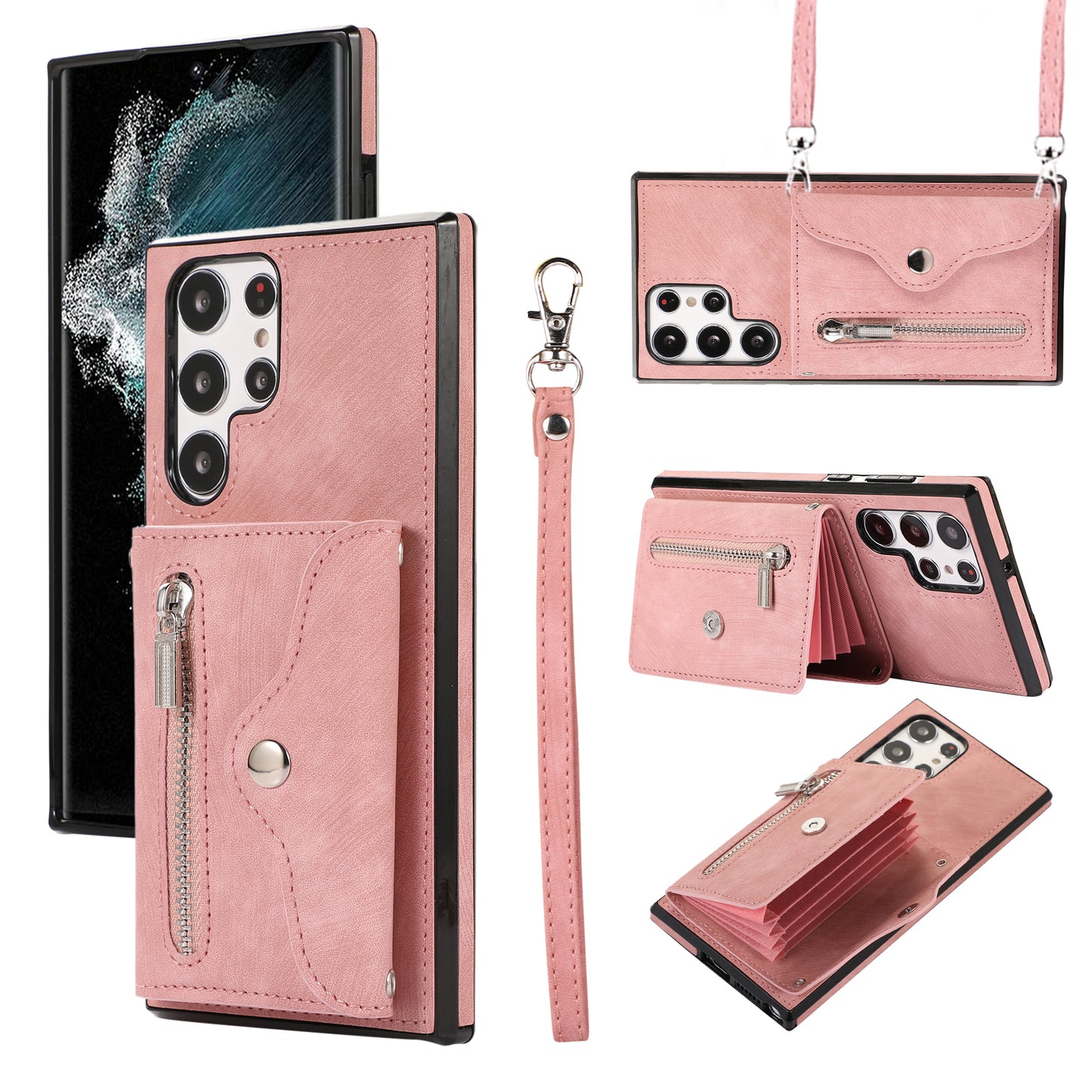 For Samsung Galaxy S24 Ultra Cell Phone Case PU Leather+TPU Card Bag Cover with 2 Straps - Rose Gold