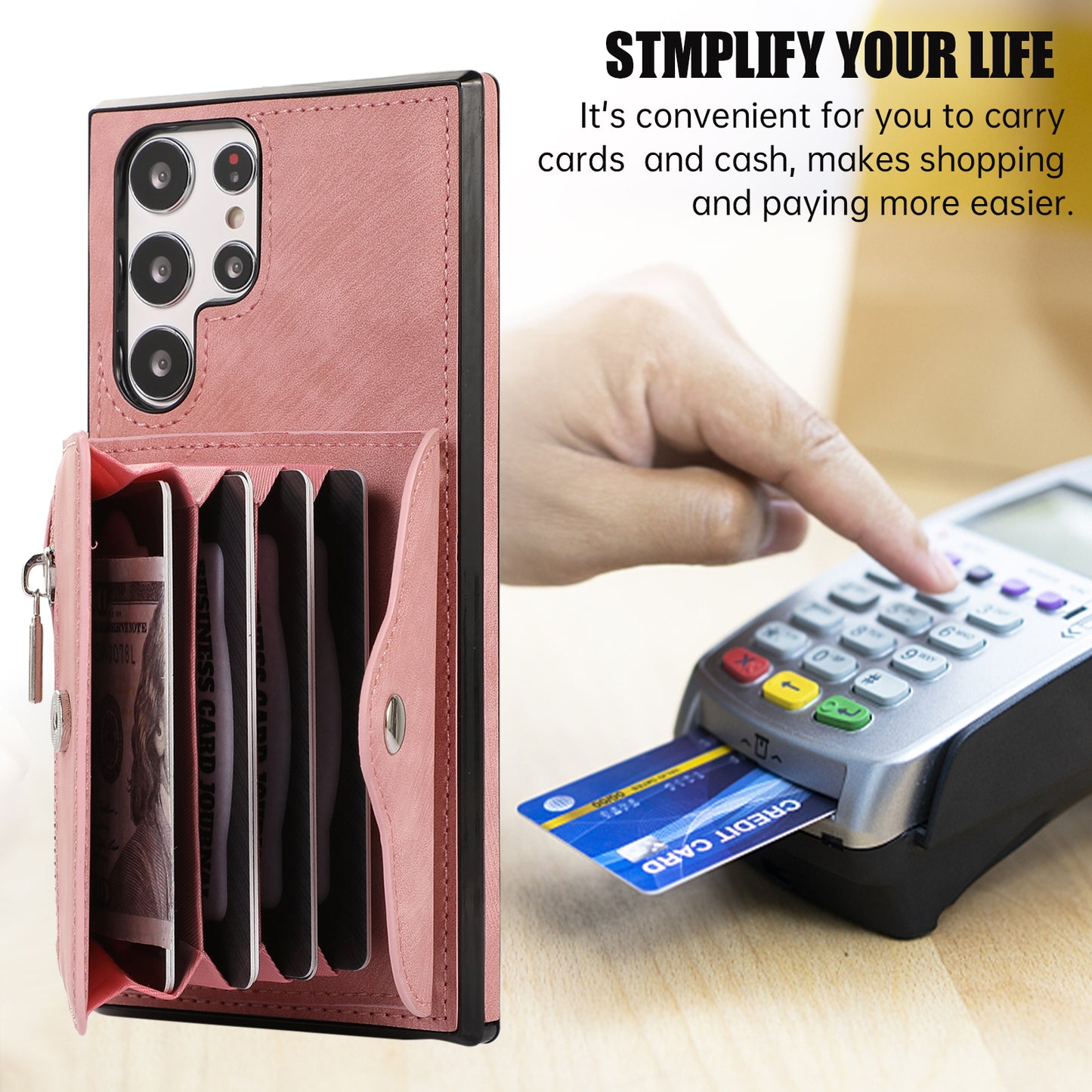 For Samsung Galaxy S24 Ultra Cell Phone Case PU Leather+TPU Card Bag Cover with 2 Straps - Rose Gold