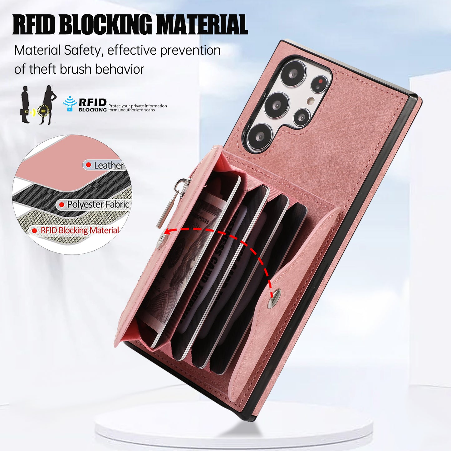 For Samsung Galaxy S24 Ultra Cell Phone Case PU Leather+TPU Card Bag Cover with 2 Straps - Rose Gold