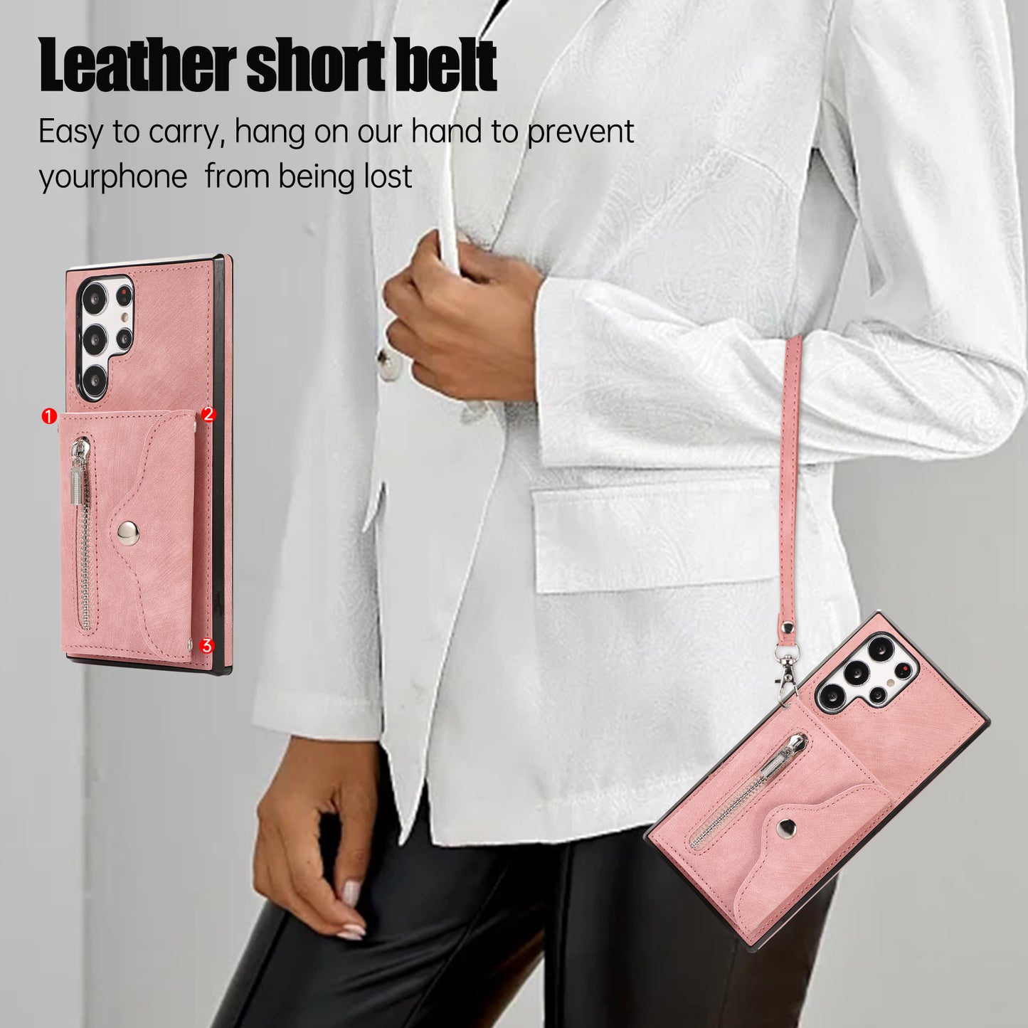 For Samsung Galaxy S24 Ultra Cell Phone Case PU Leather+TPU Card Bag Cover with 2 Straps - Rose Gold
