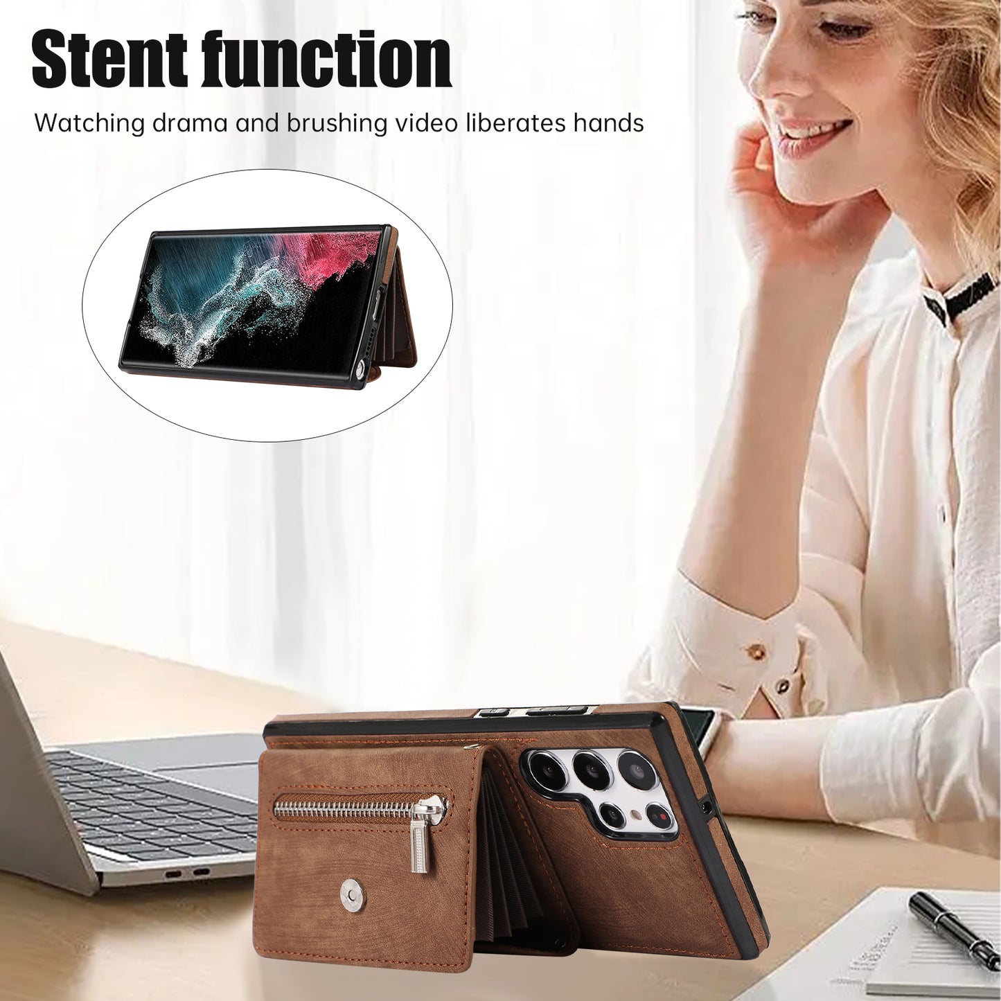 For Samsung Galaxy S24 Ultra Cell Phone Case PU Leather+TPU Card Bag Cover with 2 Straps - Brown