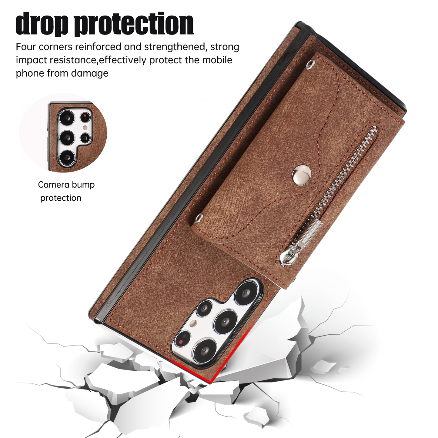 For Samsung Galaxy S24 Ultra Cell Phone Case PU Leather+TPU Card Bag Cover with 2 Straps - Brown