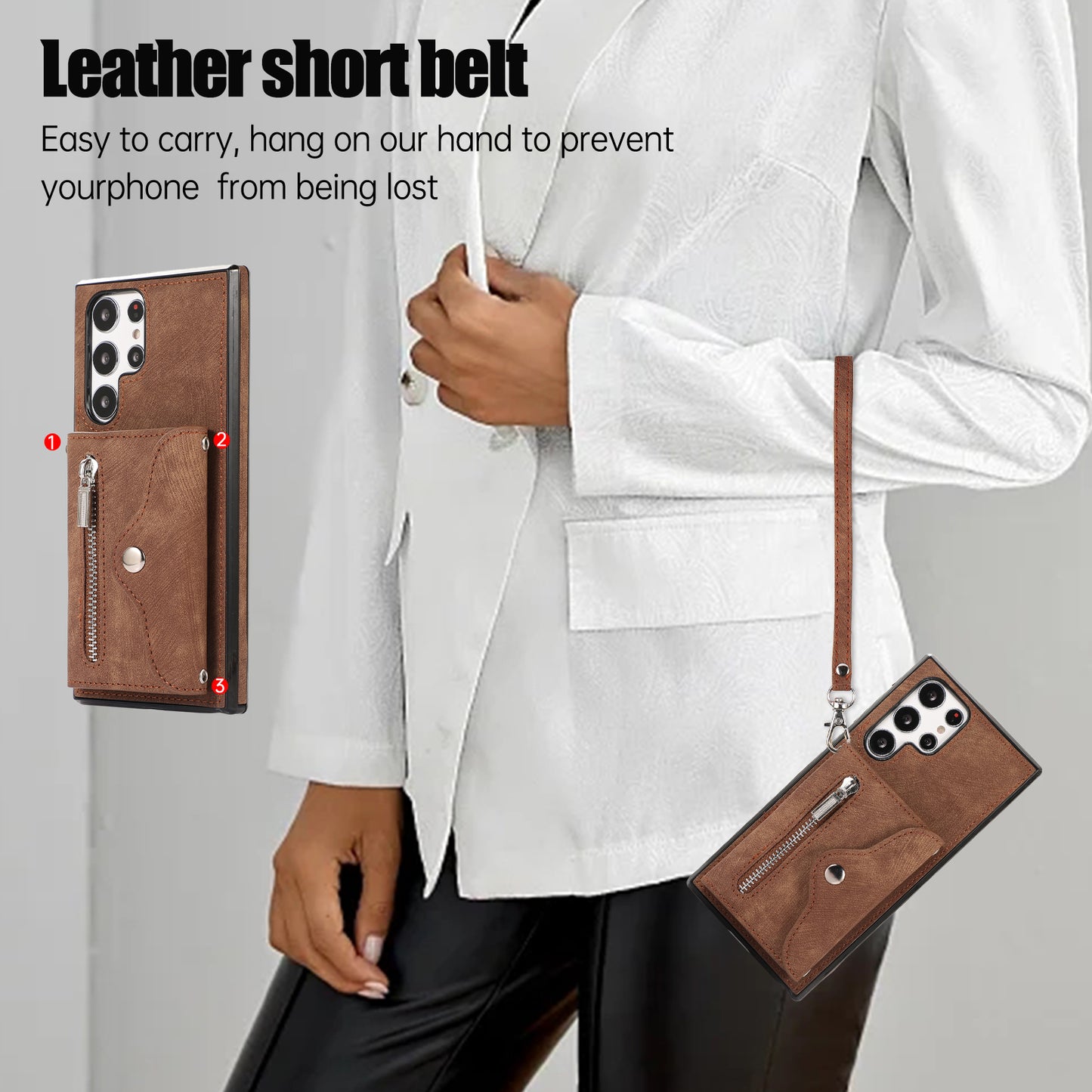 For Samsung Galaxy S24 Ultra Cell Phone Case PU Leather+TPU Card Bag Cover with 2 Straps - Brown