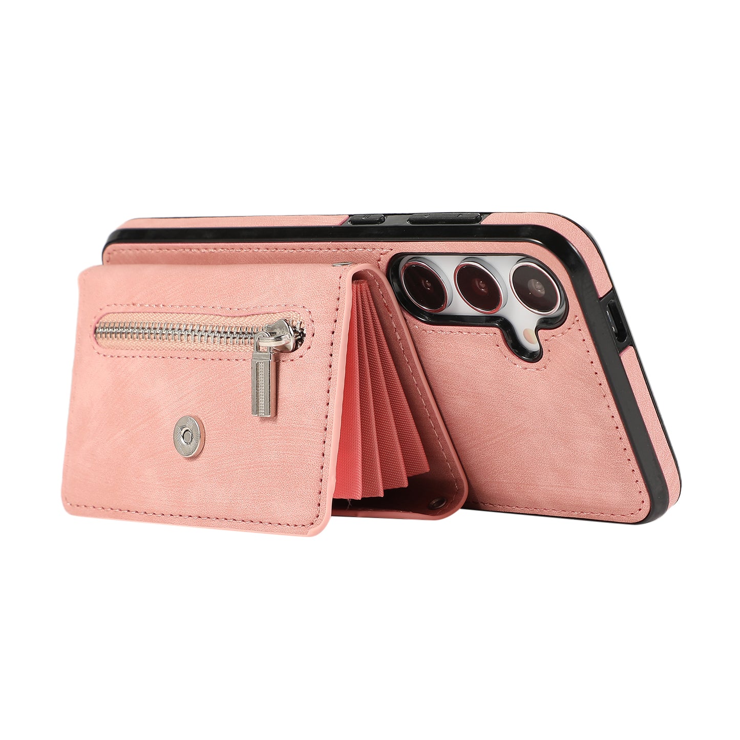 For Samsung Galaxy S24+ Cell Phone Case Card Bag PU Leather+TPU Cover with 2 Straps - Rose Gold