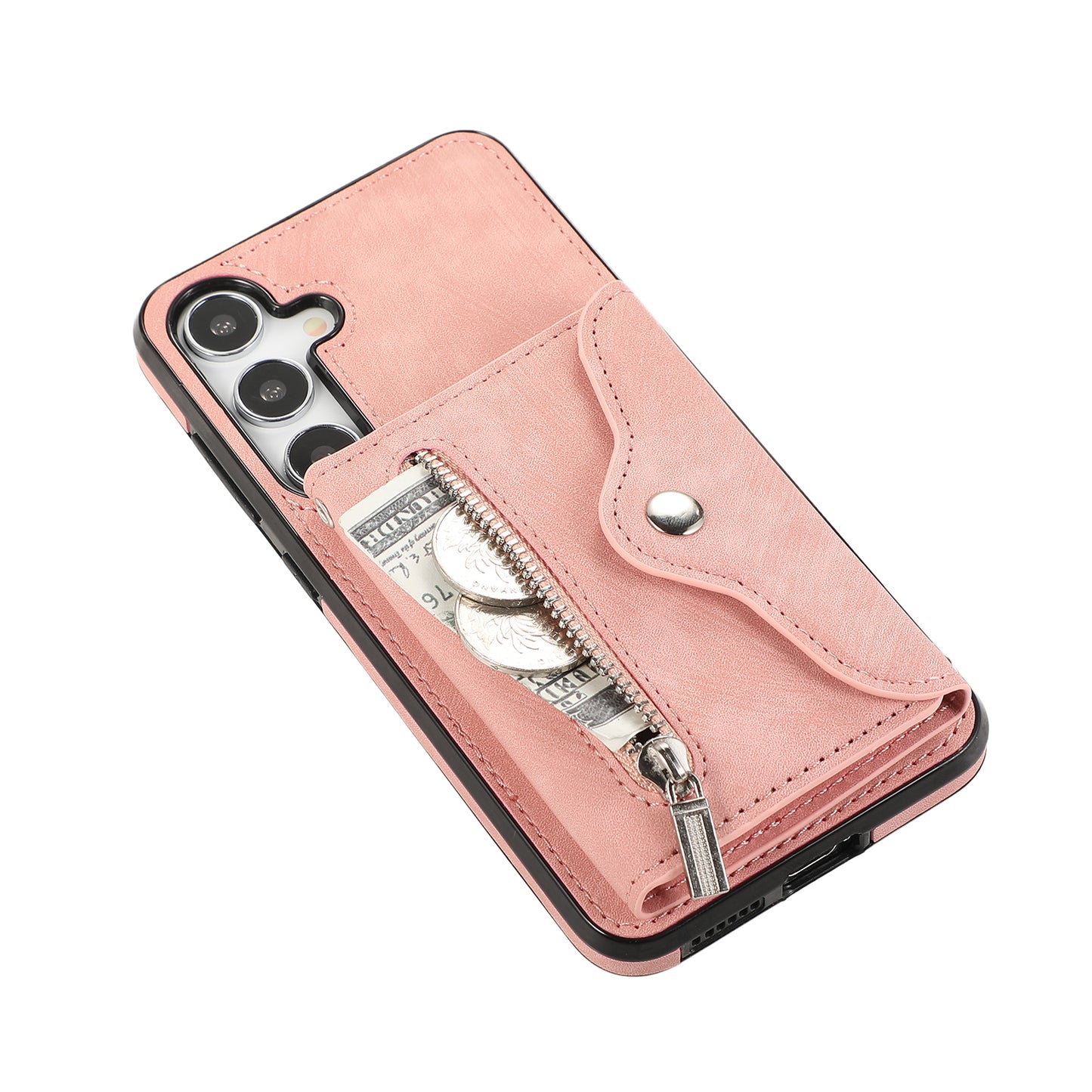 For Samsung Galaxy S24+ Cell Phone Case Card Bag PU Leather+TPU Cover with 2 Straps - Rose Gold
