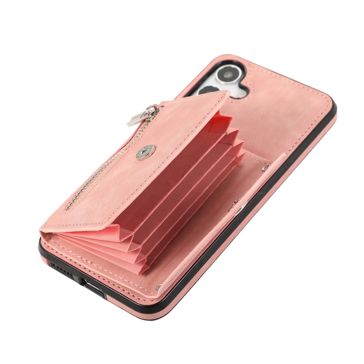 For Samsung Galaxy S24+ Cell Phone Case Card Bag PU Leather+TPU Cover with 2 Straps - Rose Gold
