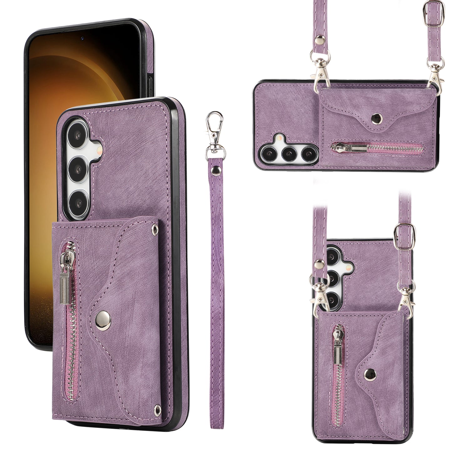 For Samsung Galaxy S24+ Cell Phone Case Card Bag PU Leather+TPU Cover with 2 Straps - Purple