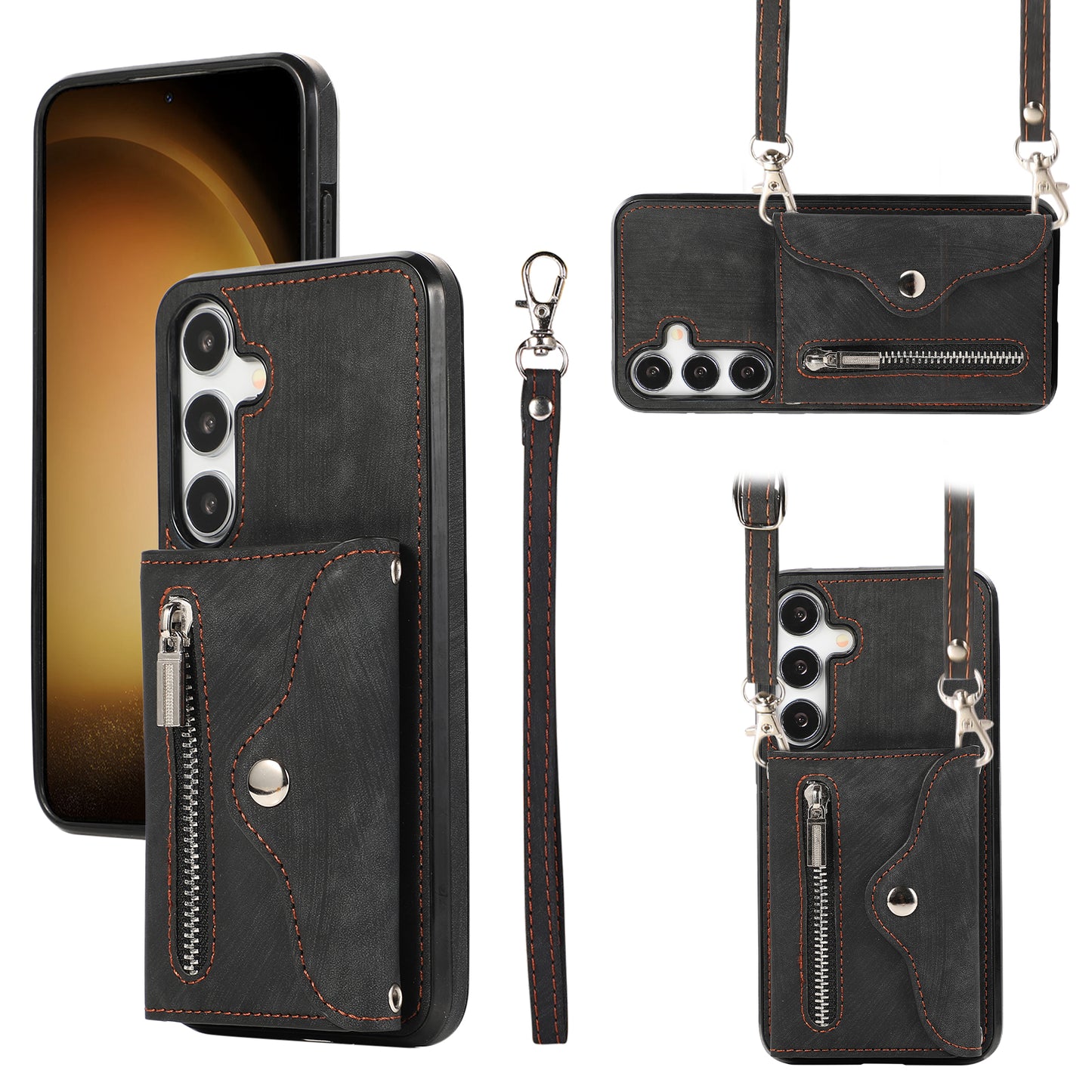For Samsung Galaxy S24+ Cell Phone Case Card Bag PU Leather+TPU Cover with 2 Straps - Black