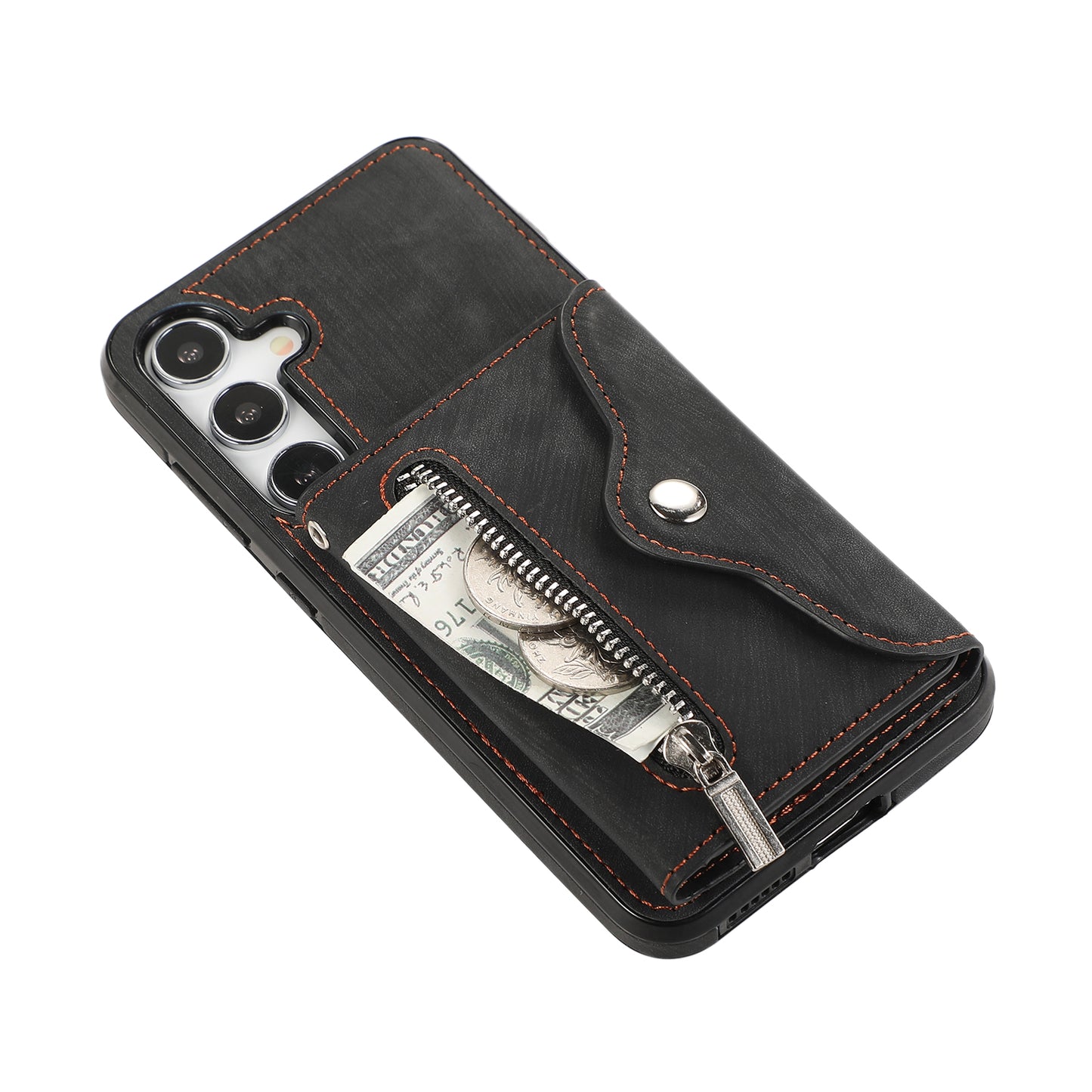For Samsung Galaxy S24+ Cell Phone Case Card Bag PU Leather+TPU Cover with 2 Straps - Black