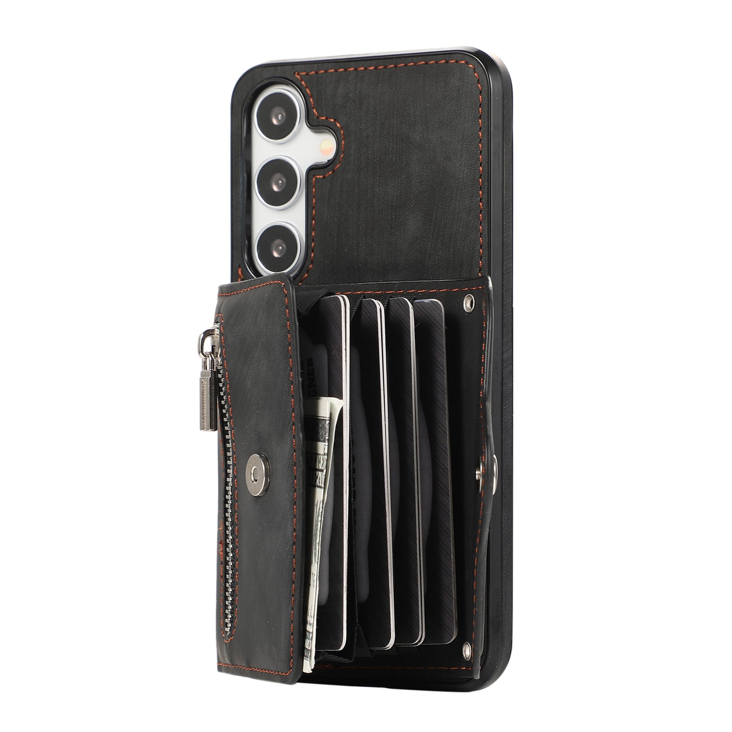 For Samsung Galaxy S24+ Cell Phone Case Card Bag PU Leather+TPU Cover with 2 Straps - Black