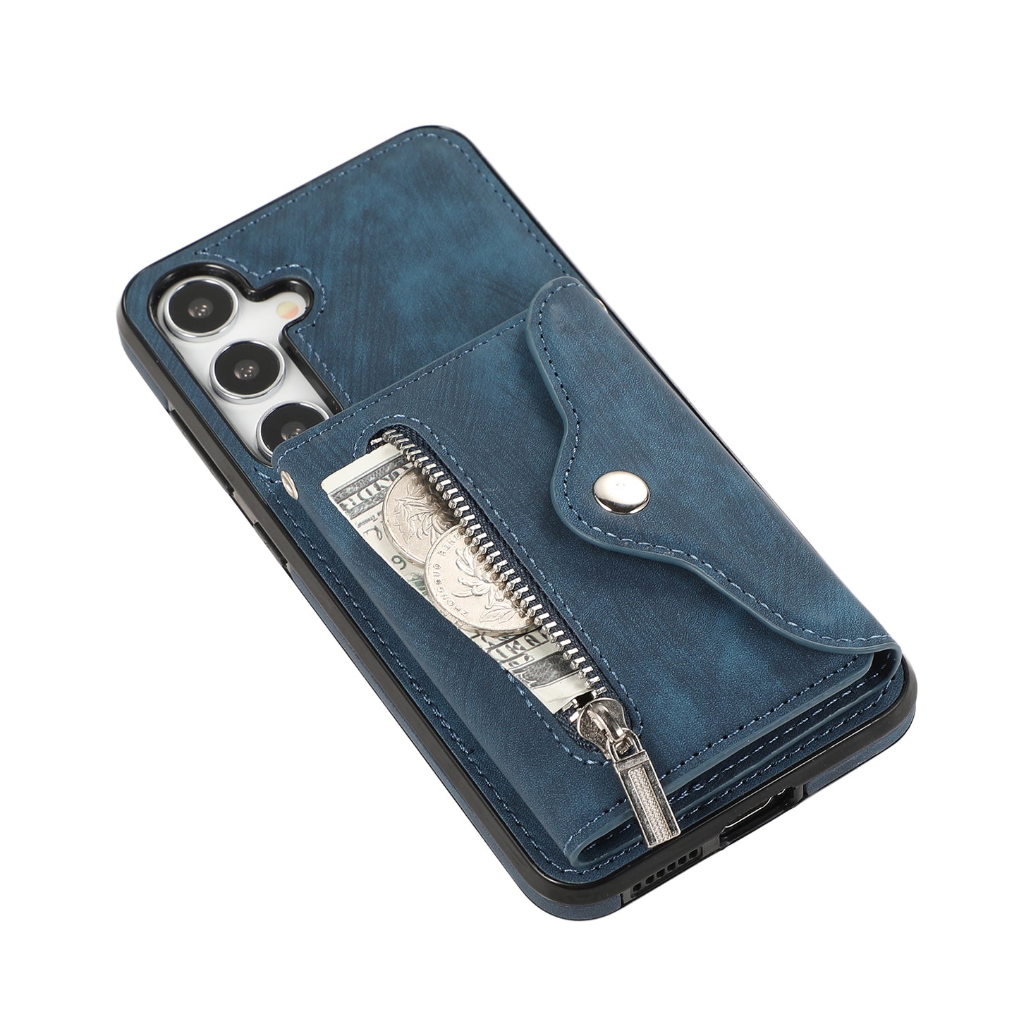 For Samsung Galaxy S24+ Cell Phone Case Card Bag PU Leather+TPU Cover with 2 Straps - Blue