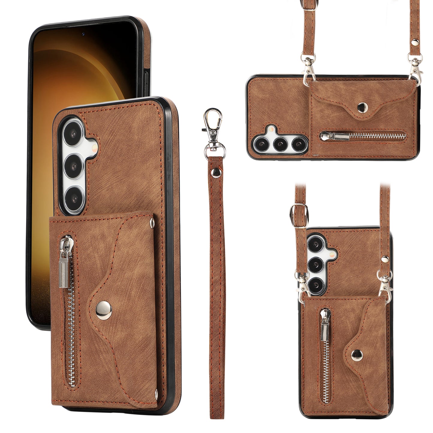 For Samsung Galaxy S24+ Cell Phone Case Card Bag PU Leather+TPU Cover with 2 Straps - Brown