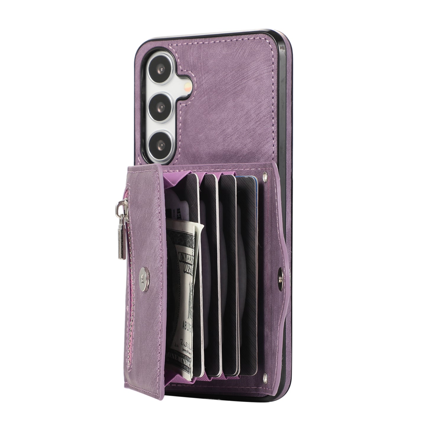 For Samsung Galaxy S24 Cell Phone Case with 2 Straps PU Leather+TPU Card Bag Cover - Purple