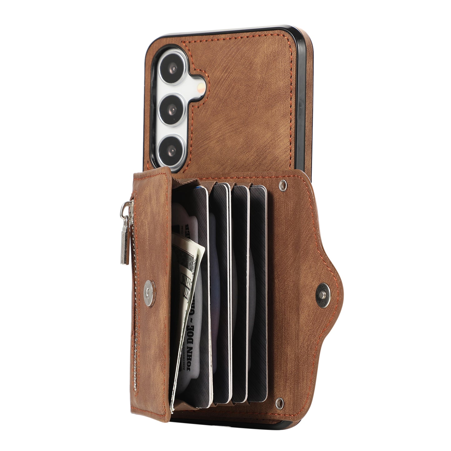 For Samsung Galaxy S24 Cell Phone Case with 2 Straps PU Leather+TPU Card Bag Cover - Brown