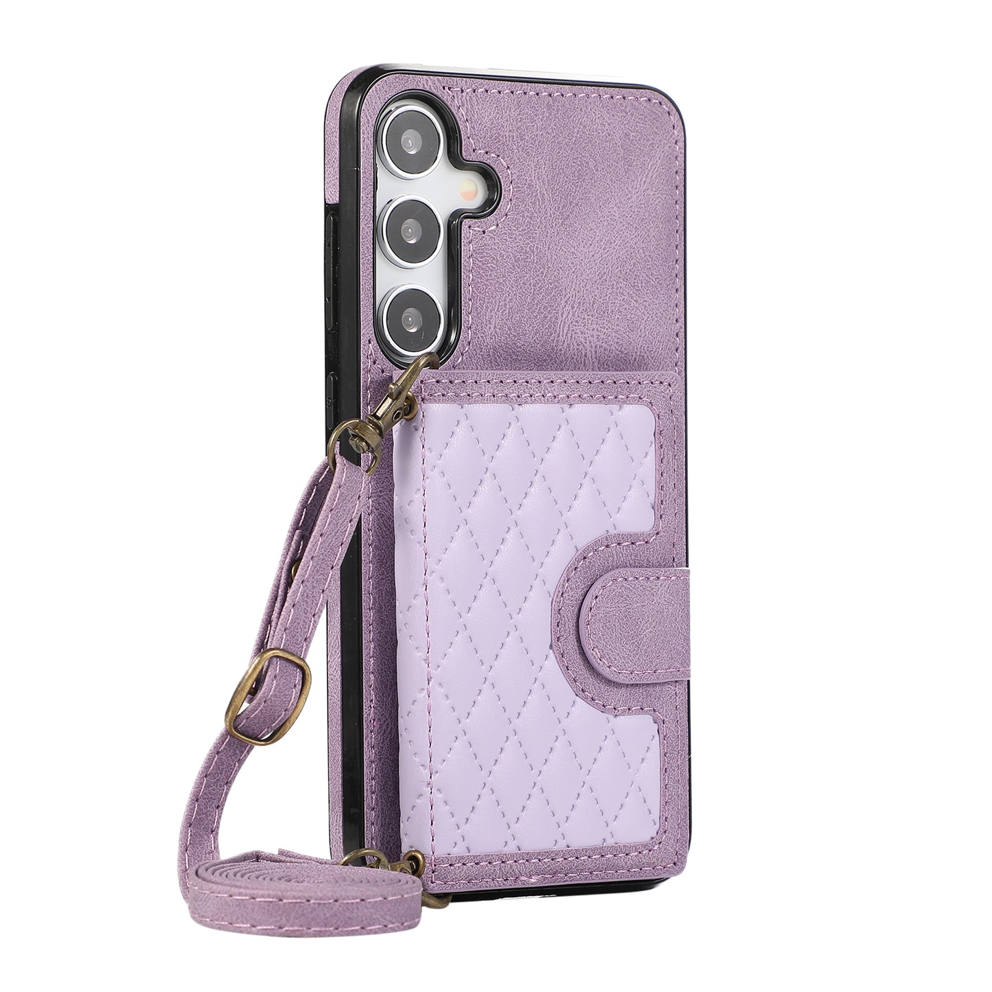 Grid Imprinted Case for Samsung Galaxy S24 Shell Leather Phone Wallet Cover with Shoulder Strap - Purple