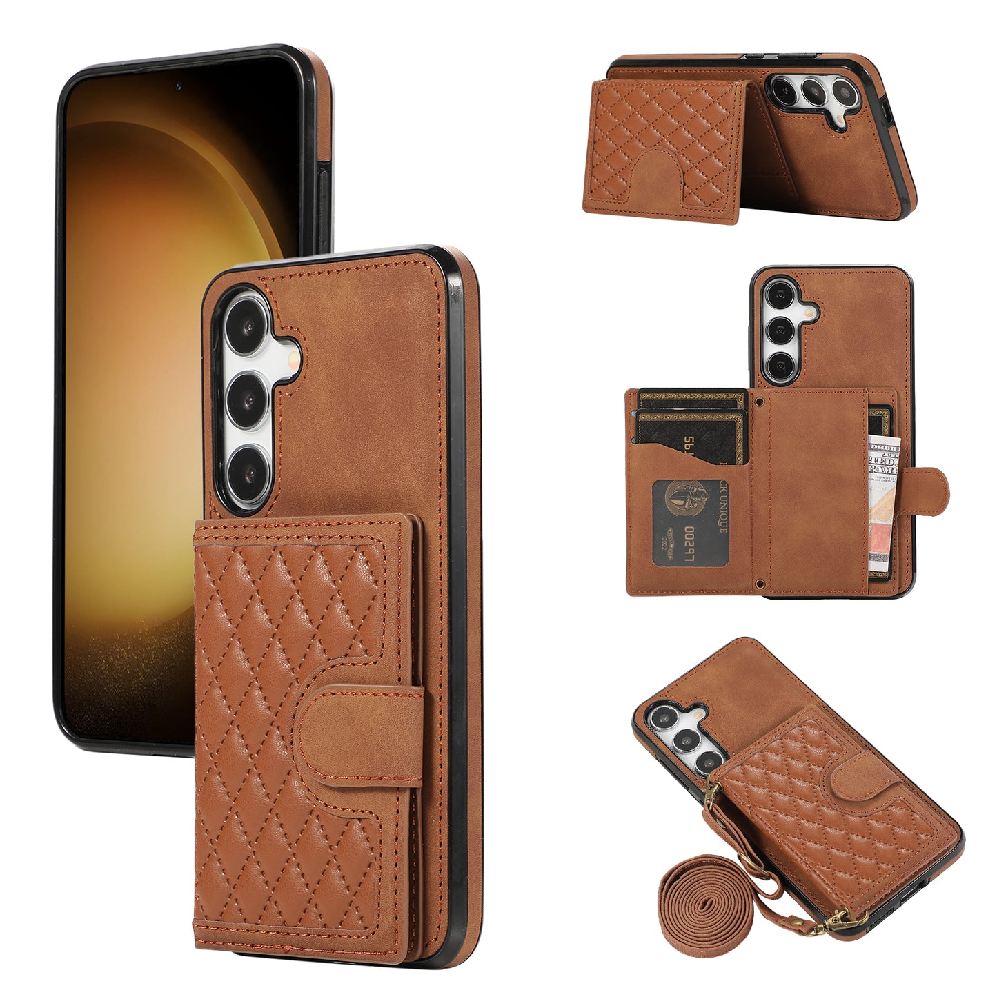 Grid Imprinted Case for Samsung Galaxy S24 Shell Leather Phone Wallet Cover with Shoulder Strap - Brown