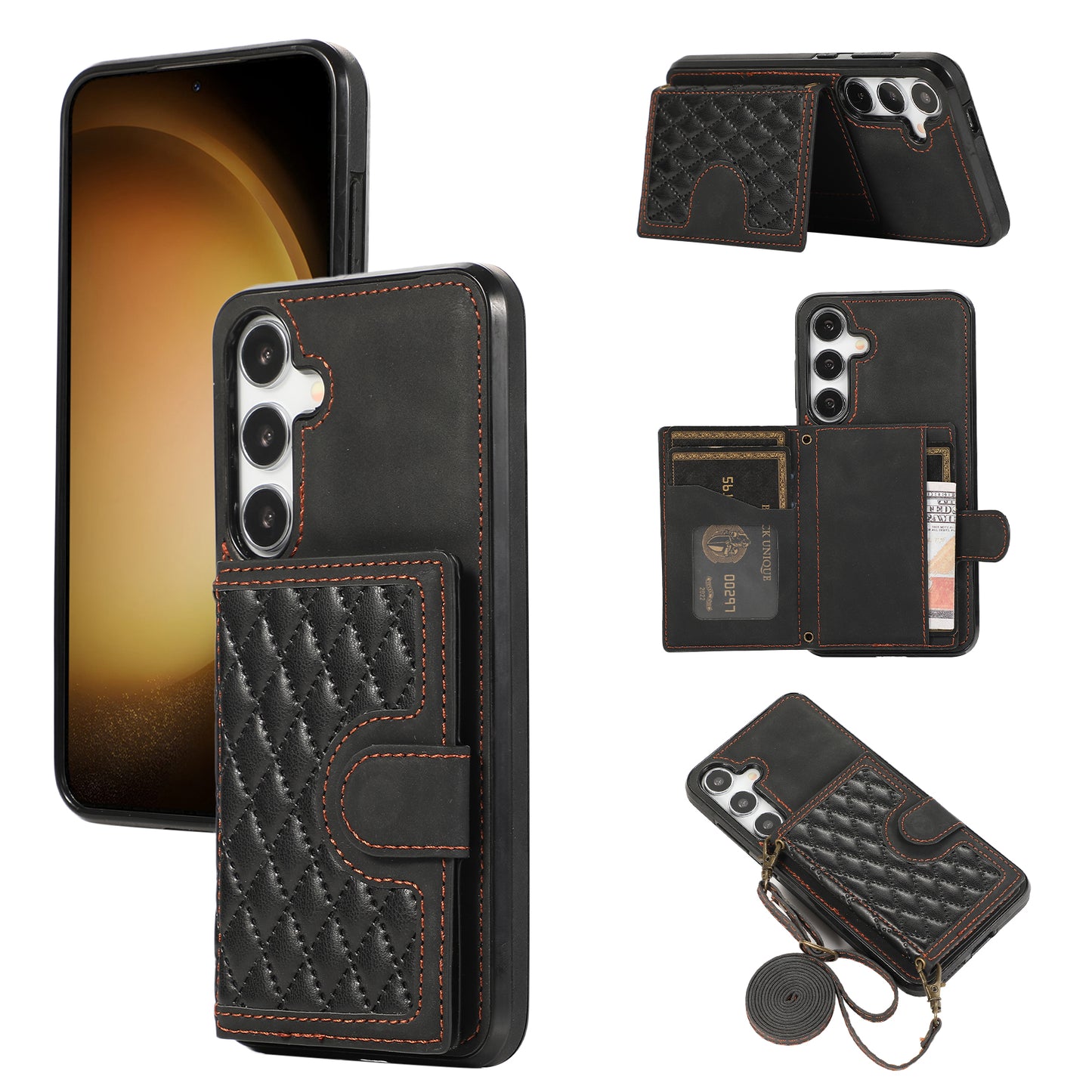 Grid Imprinted Case for Samsung Galaxy S24 Shell Leather Phone Wallet Cover with Shoulder Strap - Black