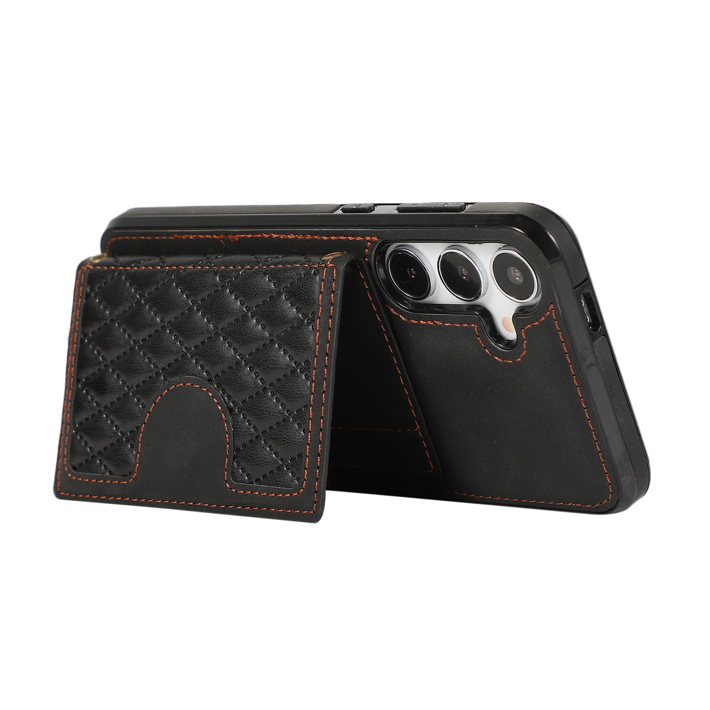 Grid Imprinted Case for Samsung Galaxy S24 Shell Leather Phone Wallet Cover with Shoulder Strap - Black
