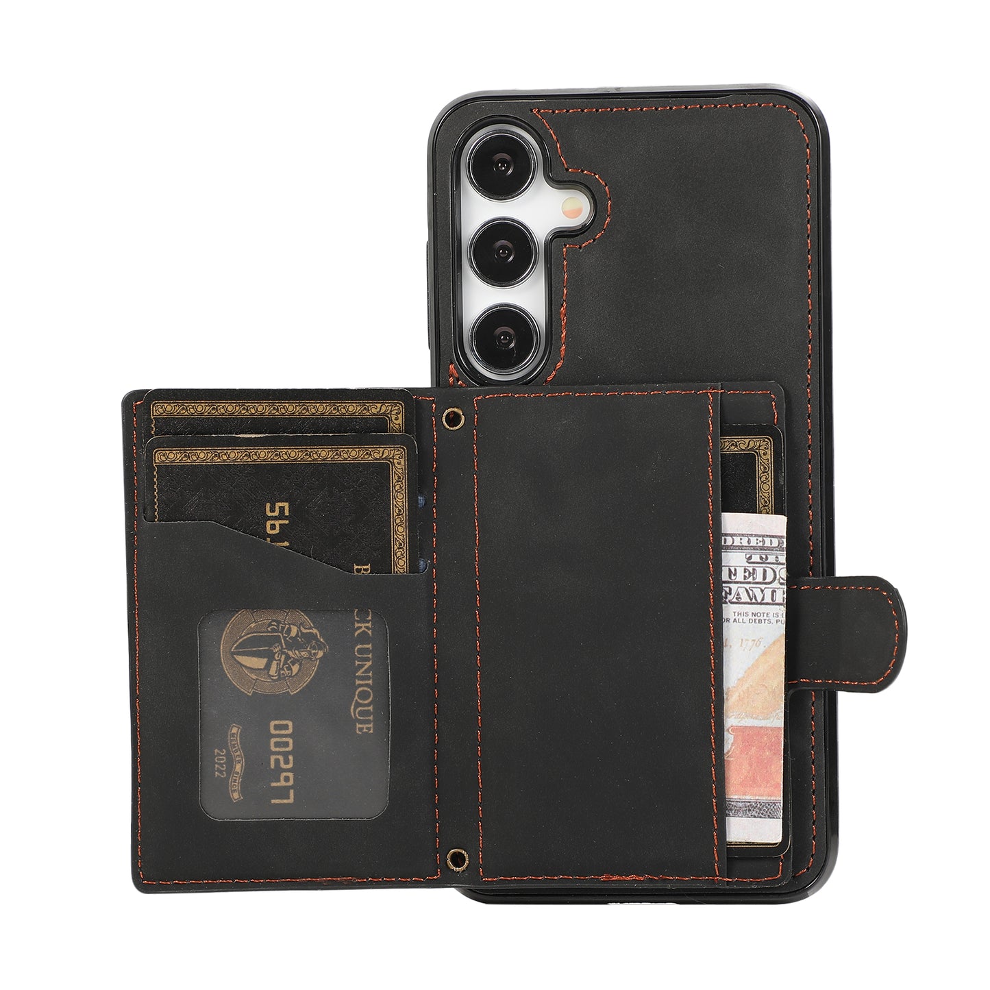 Grid Imprinted Case for Samsung Galaxy S24 Shell Leather Phone Wallet Cover with Shoulder Strap - Black