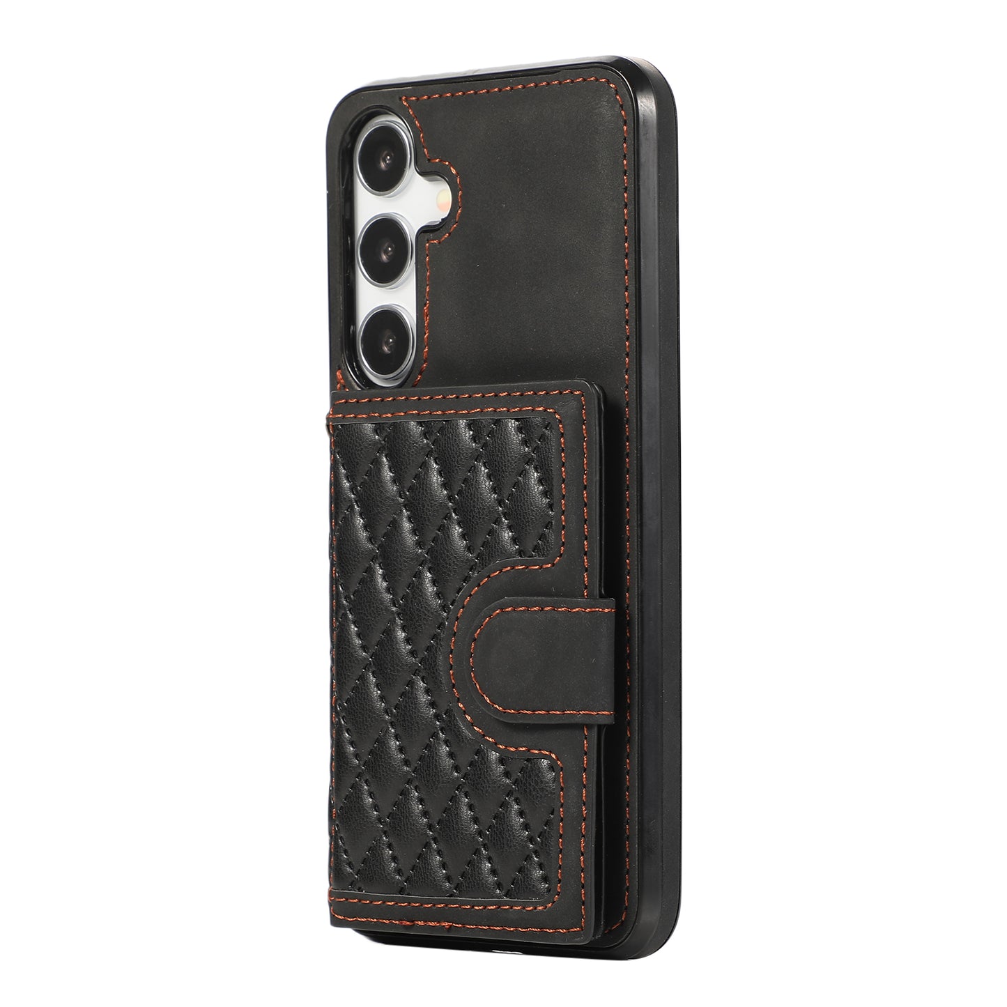 Grid Imprinted Case for Samsung Galaxy S24 Shell Leather Phone Wallet Cover with Shoulder Strap - Black