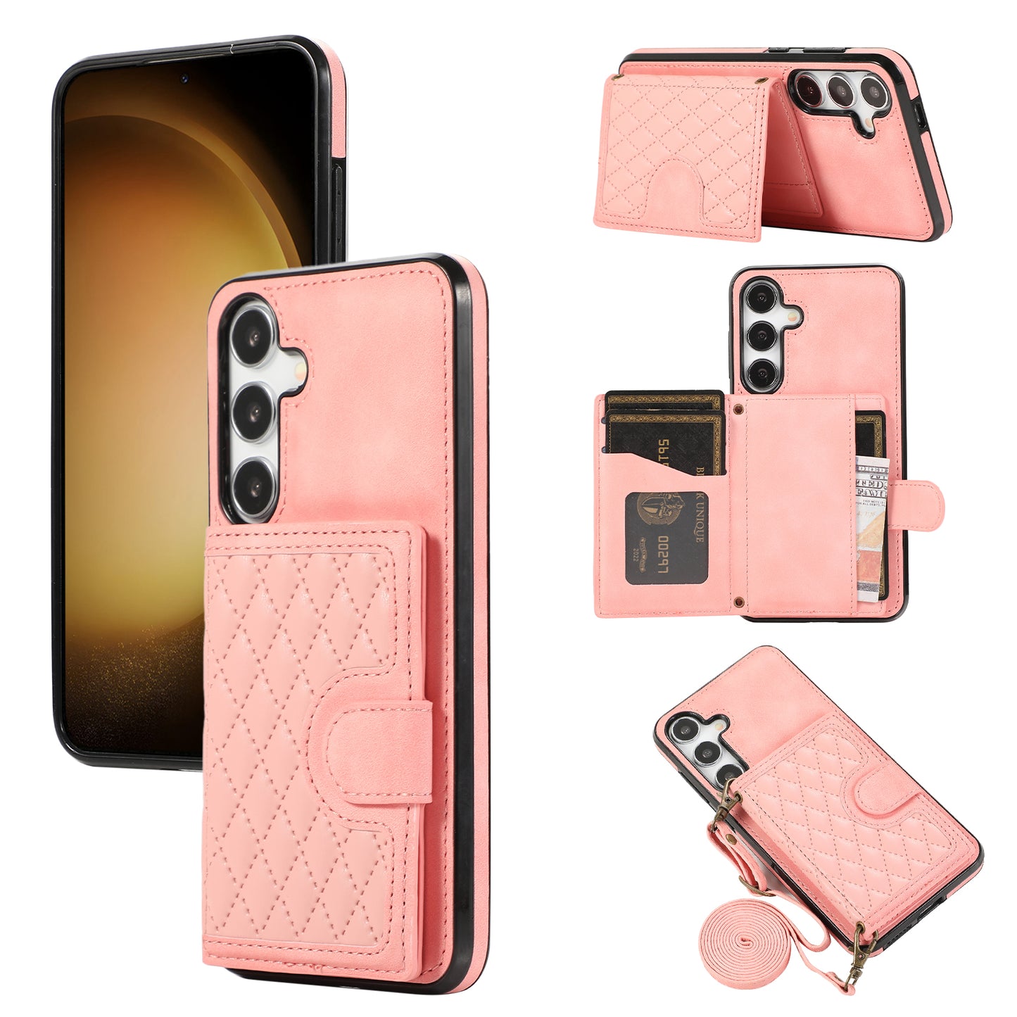 Grid Imprinted Case for Samsung Galaxy S24 Shell Leather Phone Wallet Cover with Shoulder Strap - Rose Gold