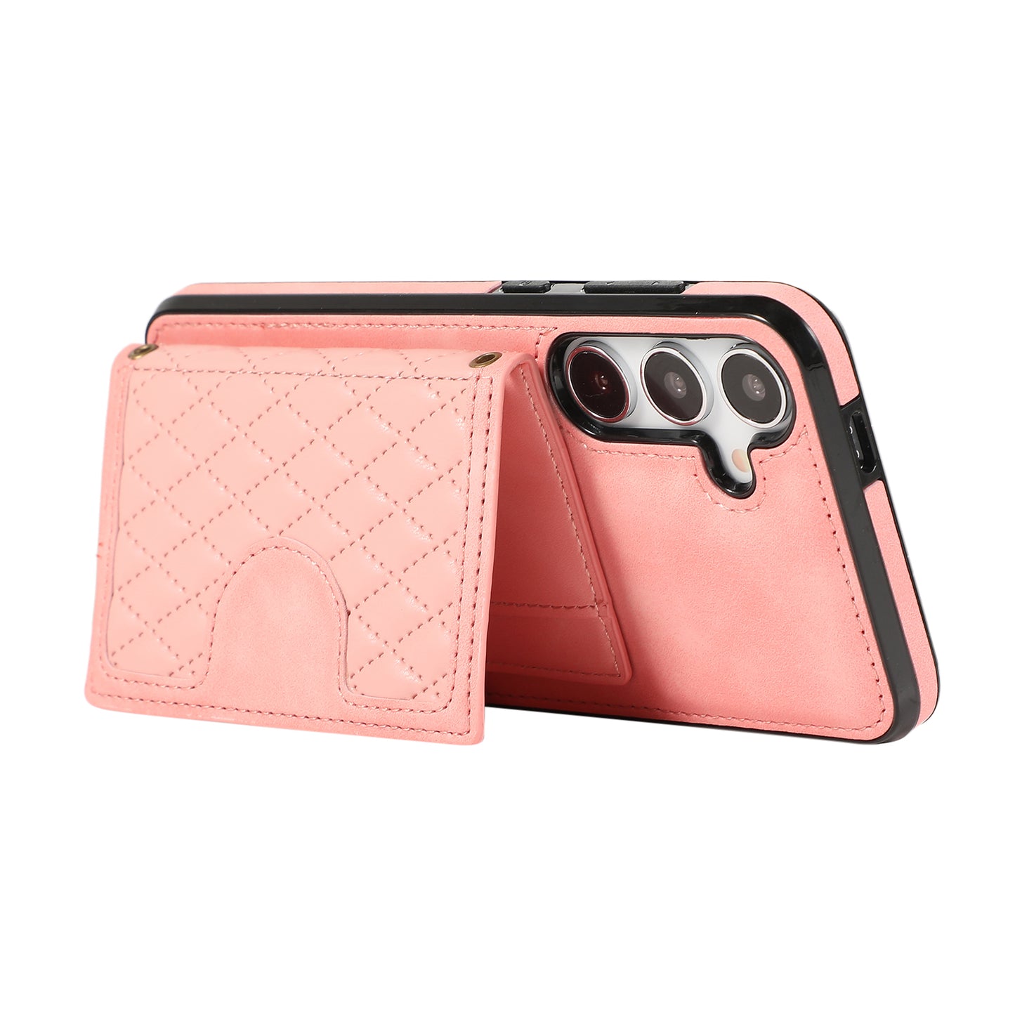Grid Imprinted Case for Samsung Galaxy S24 Shell Leather Phone Wallet Cover with Shoulder Strap - Rose Gold