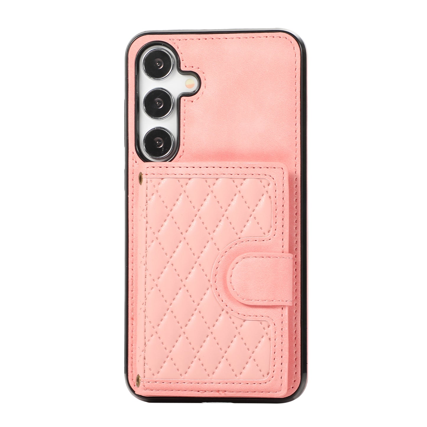 Grid Imprinted Case for Samsung Galaxy S24 Shell Leather Phone Wallet Cover with Shoulder Strap - Rose Gold