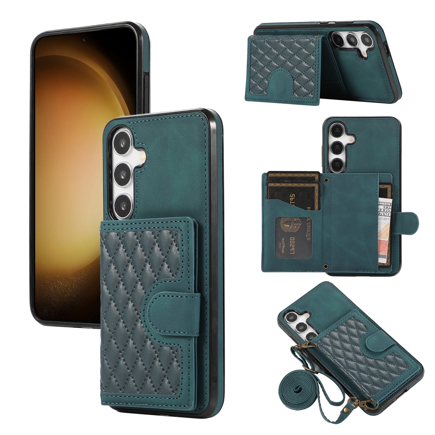 For Samsung Galaxy S24+ Case Grid Imprinted Kickstand Phone Cover with Shoulder Strap - Green