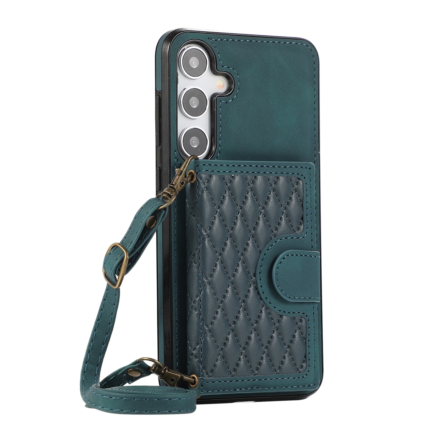 For Samsung Galaxy S24+ Case Grid Imprinted Kickstand Phone Cover with Shoulder Strap - Green
