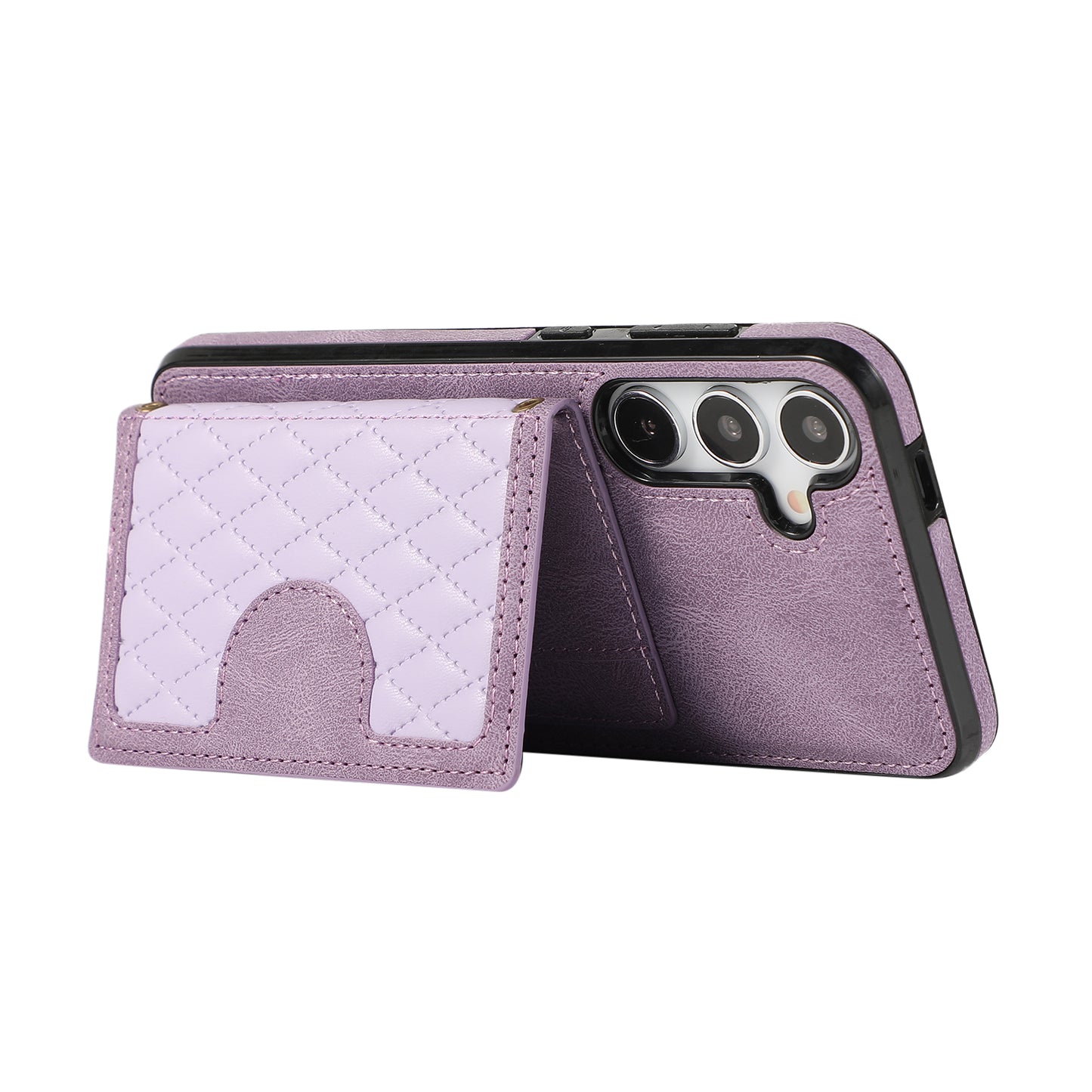 For Samsung Galaxy S24+ Case Grid Imprinted Kickstand Phone Cover with Shoulder Strap - Purple