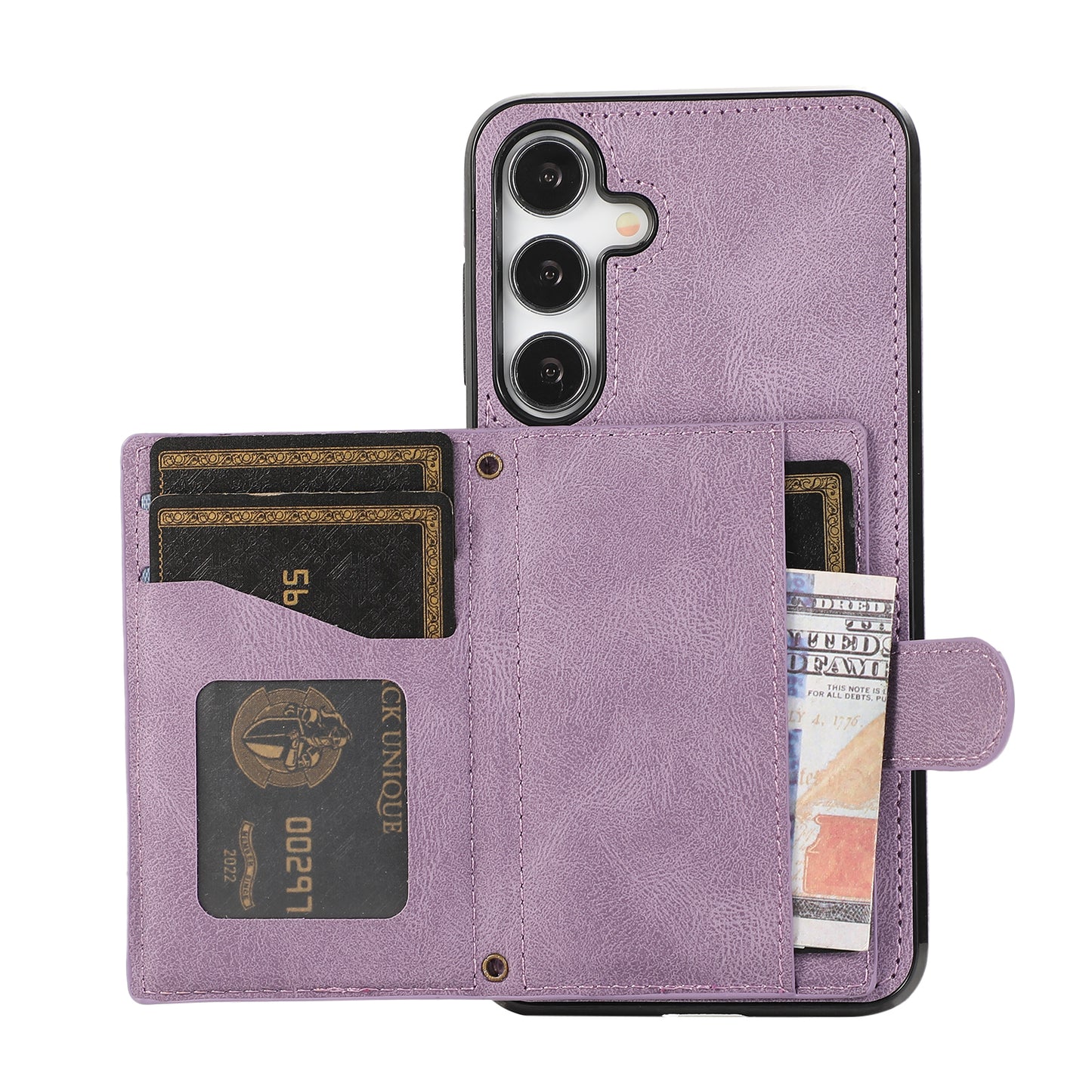 For Samsung Galaxy S24+ Case Grid Imprinted Kickstand Phone Cover with Shoulder Strap - Purple