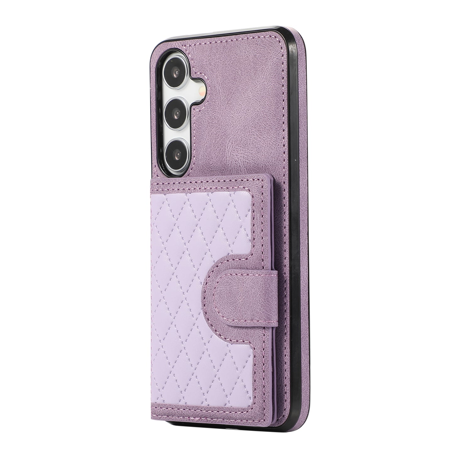 For Samsung Galaxy S24+ Case Grid Imprinted Kickstand Phone Cover with Shoulder Strap - Purple