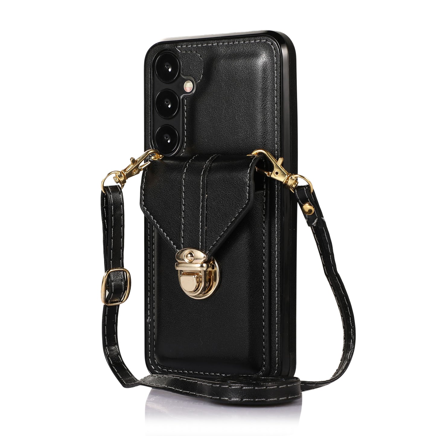 For Samsung Galaxy S24+ Cell Phone Case Metal Buckle Card Holder Leather+TPU Cover - Black
