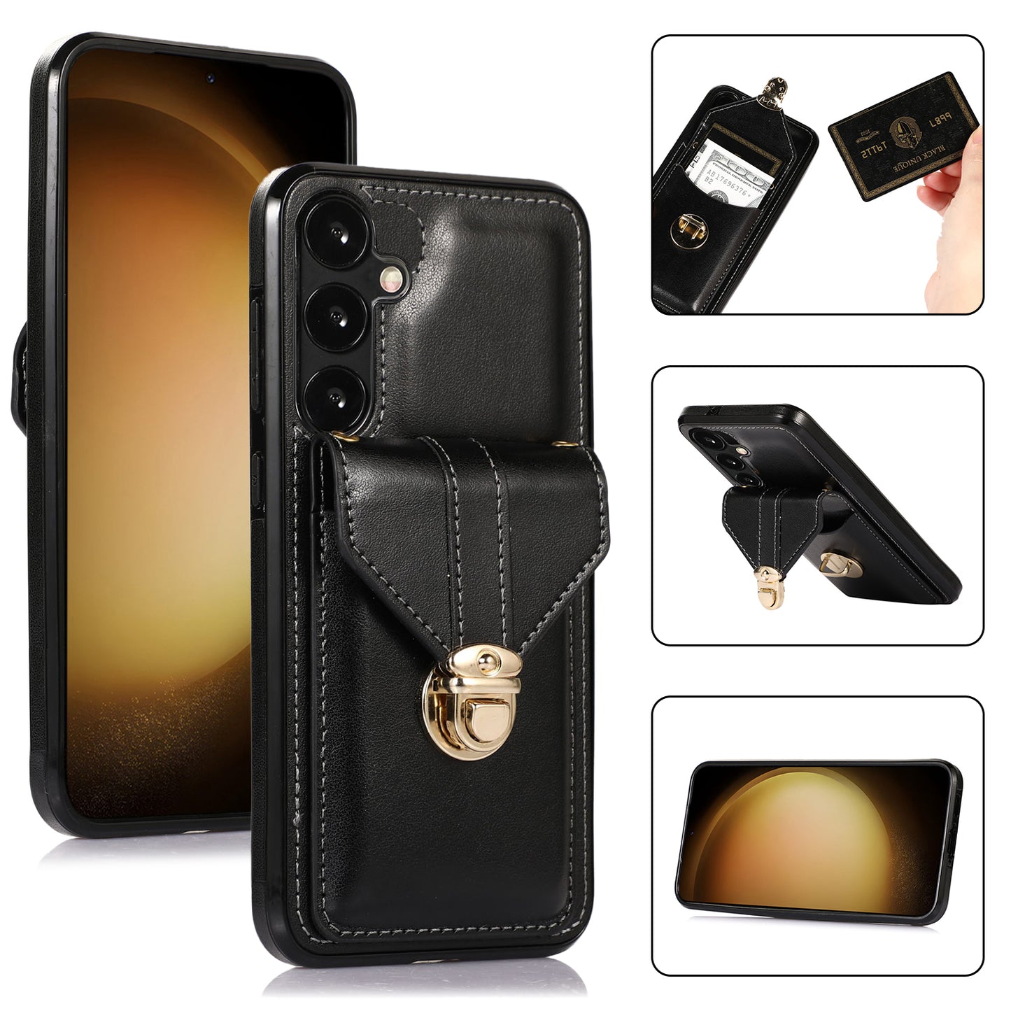 For Samsung Galaxy S24+ Cell Phone Case Metal Buckle Card Holder Leather+TPU Cover - Black