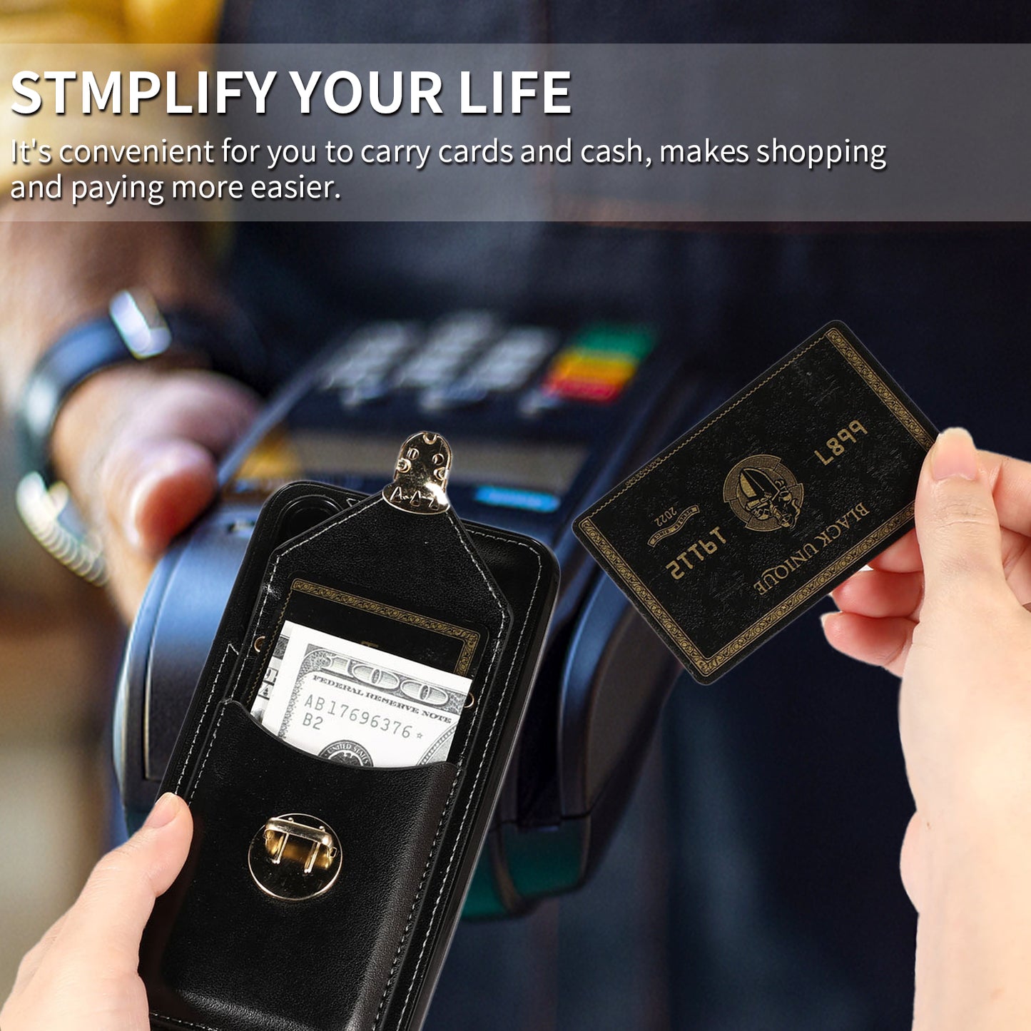 For Samsung Galaxy S24+ Cell Phone Case Metal Buckle Card Holder Leather+TPU Cover - Black