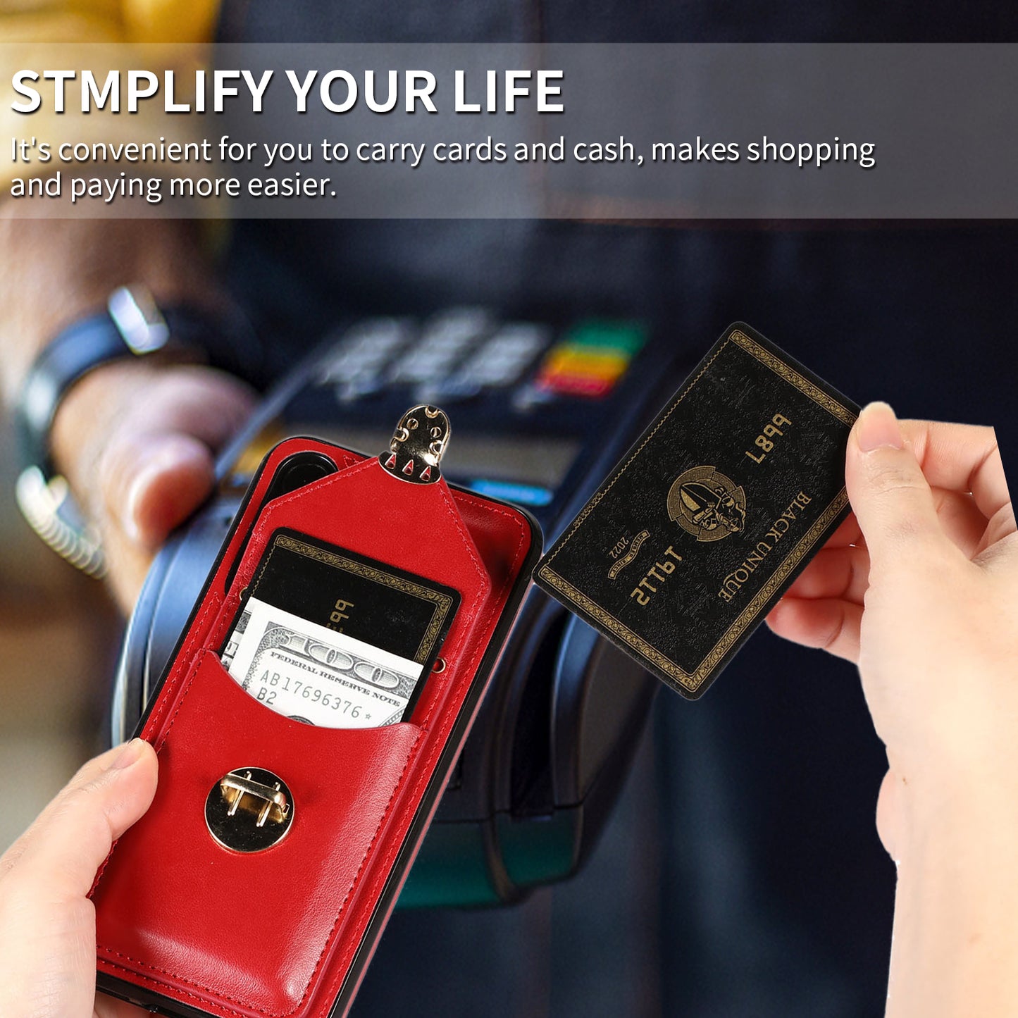 For Samsung Galaxy S24+ Cell Phone Case Metal Buckle Card Holder Leather+TPU Cover - Red