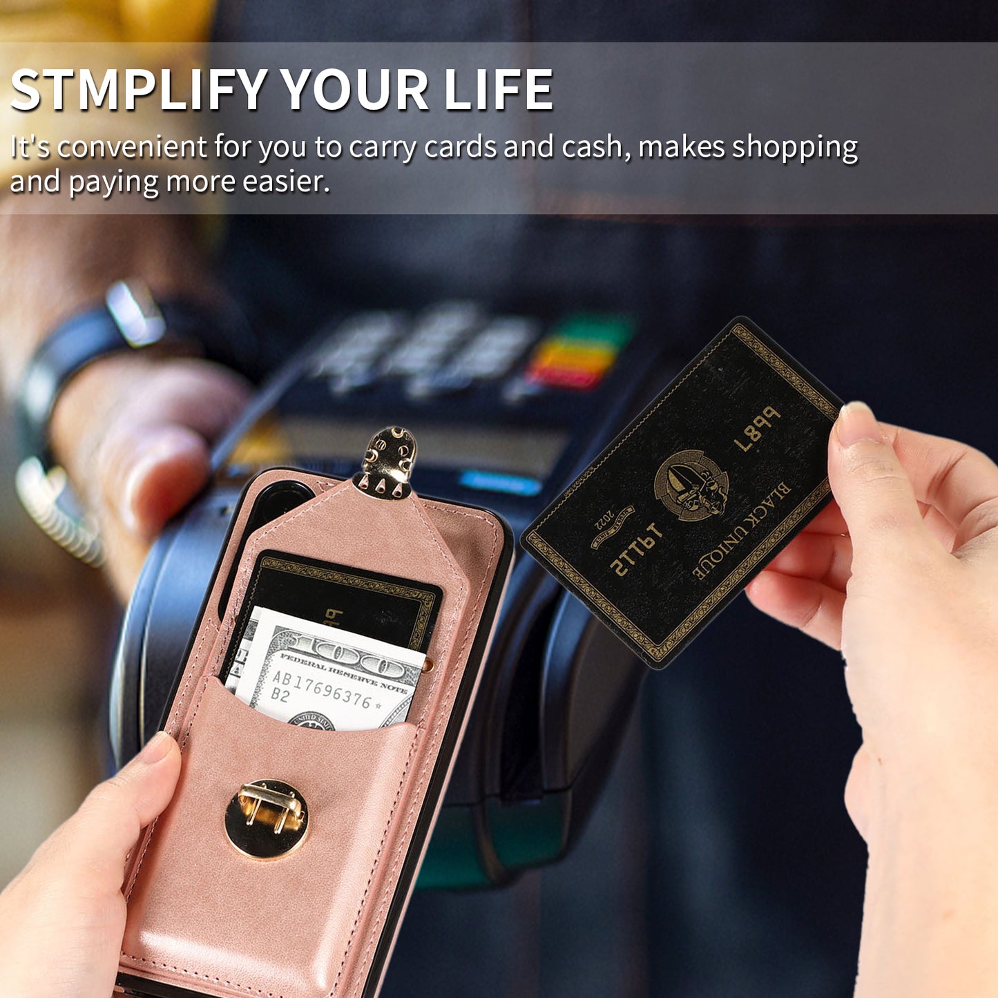 For Samsung Galaxy S24 Cell Phone Case Card Holder Leather+TPU Shockproof Cover - Rose Gold