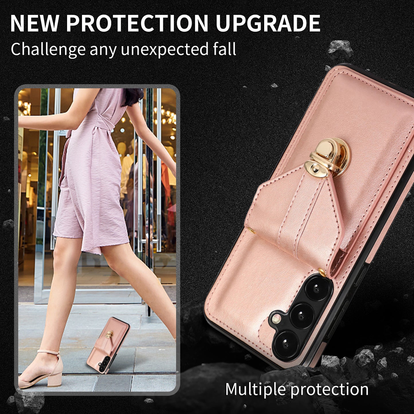 For Samsung Galaxy S24 Cell Phone Case Card Holder Leather+TPU Shockproof Cover - Rose Gold