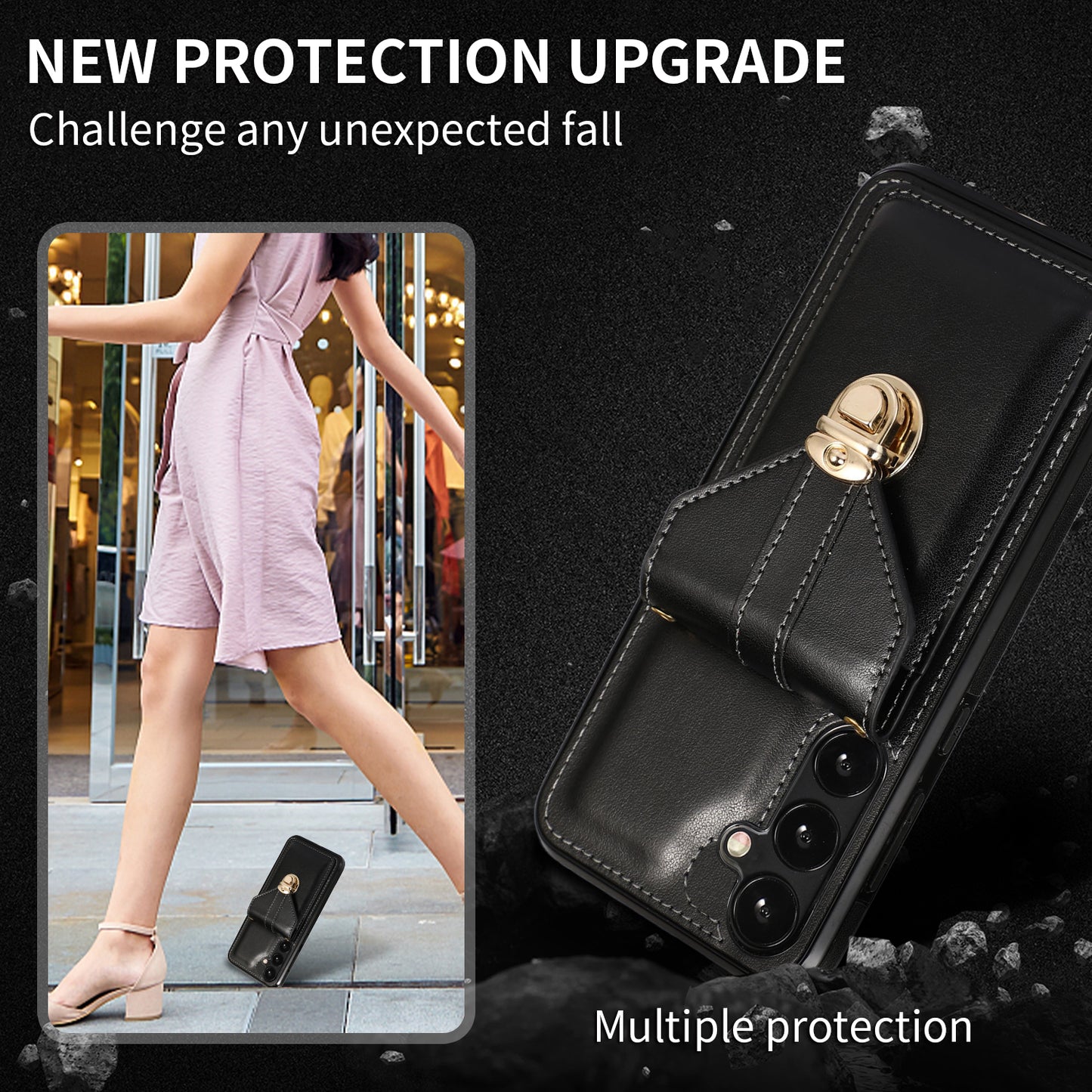 For Samsung Galaxy S24 Cell Phone Case Card Holder Leather+TPU Shockproof Cover - Black