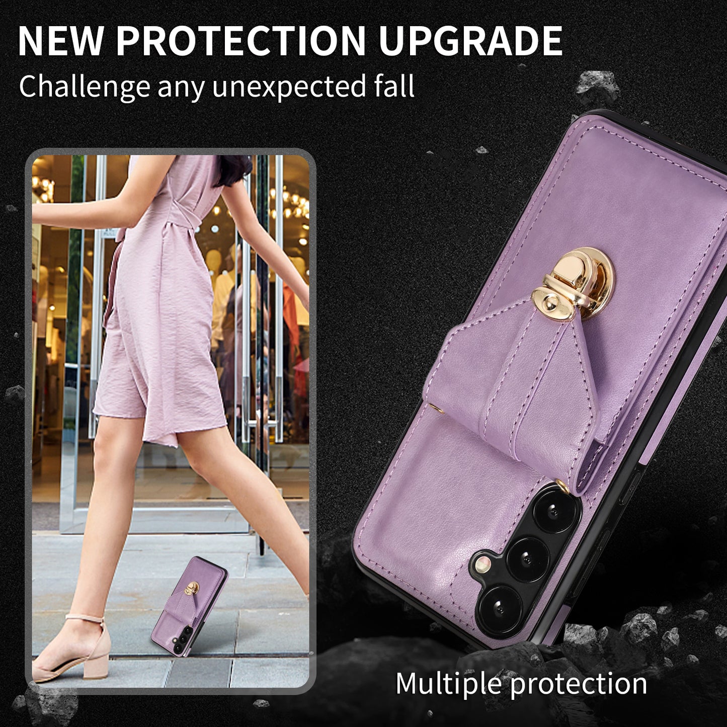 For Samsung Galaxy S24 Cell Phone Case Card Holder Leather+TPU Shockproof Cover - Purple